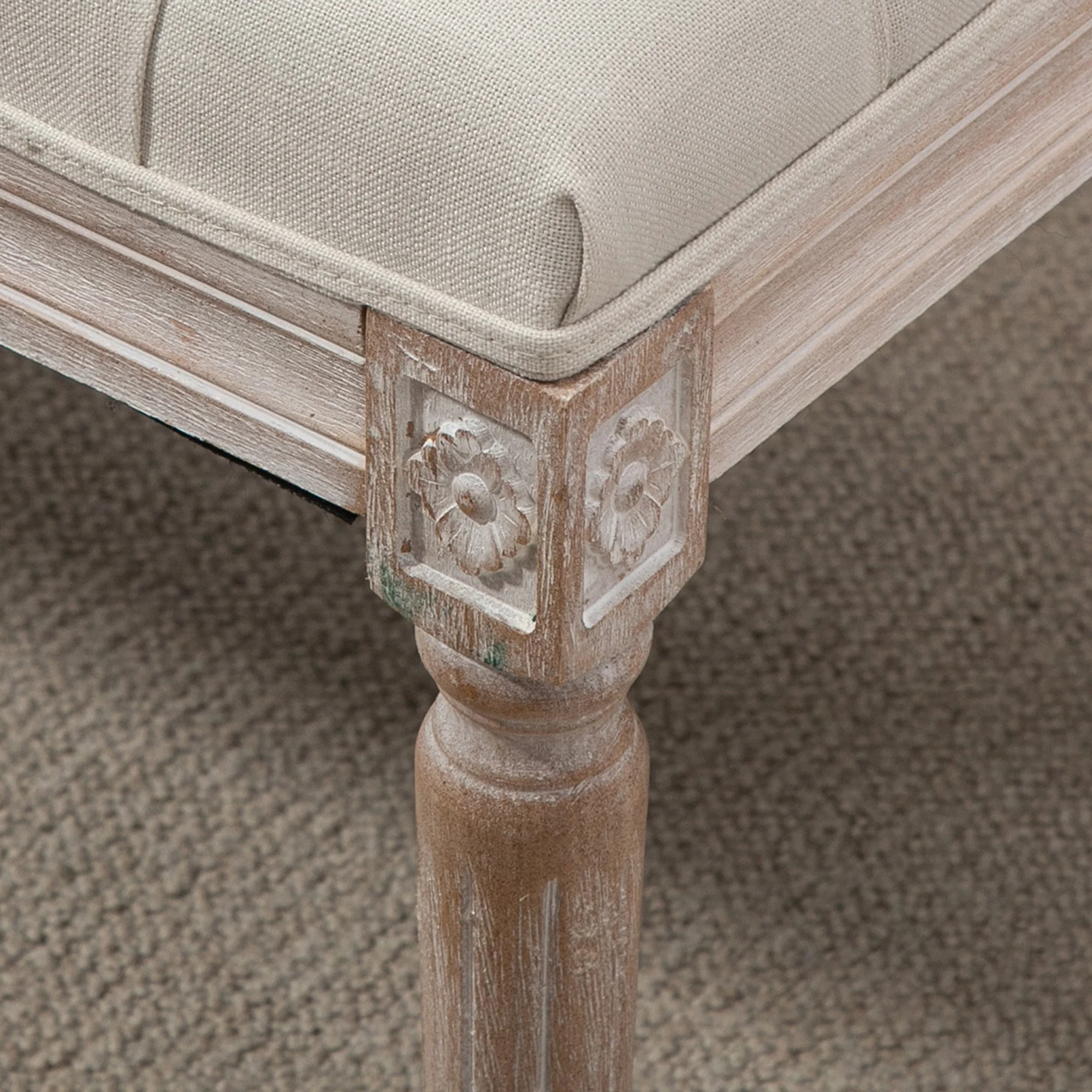 Banc Banquette classique capitonné 80cm bout de lit Rembourrée en lin - bois d'hévéa sculpté, patiné - beige - Image 10