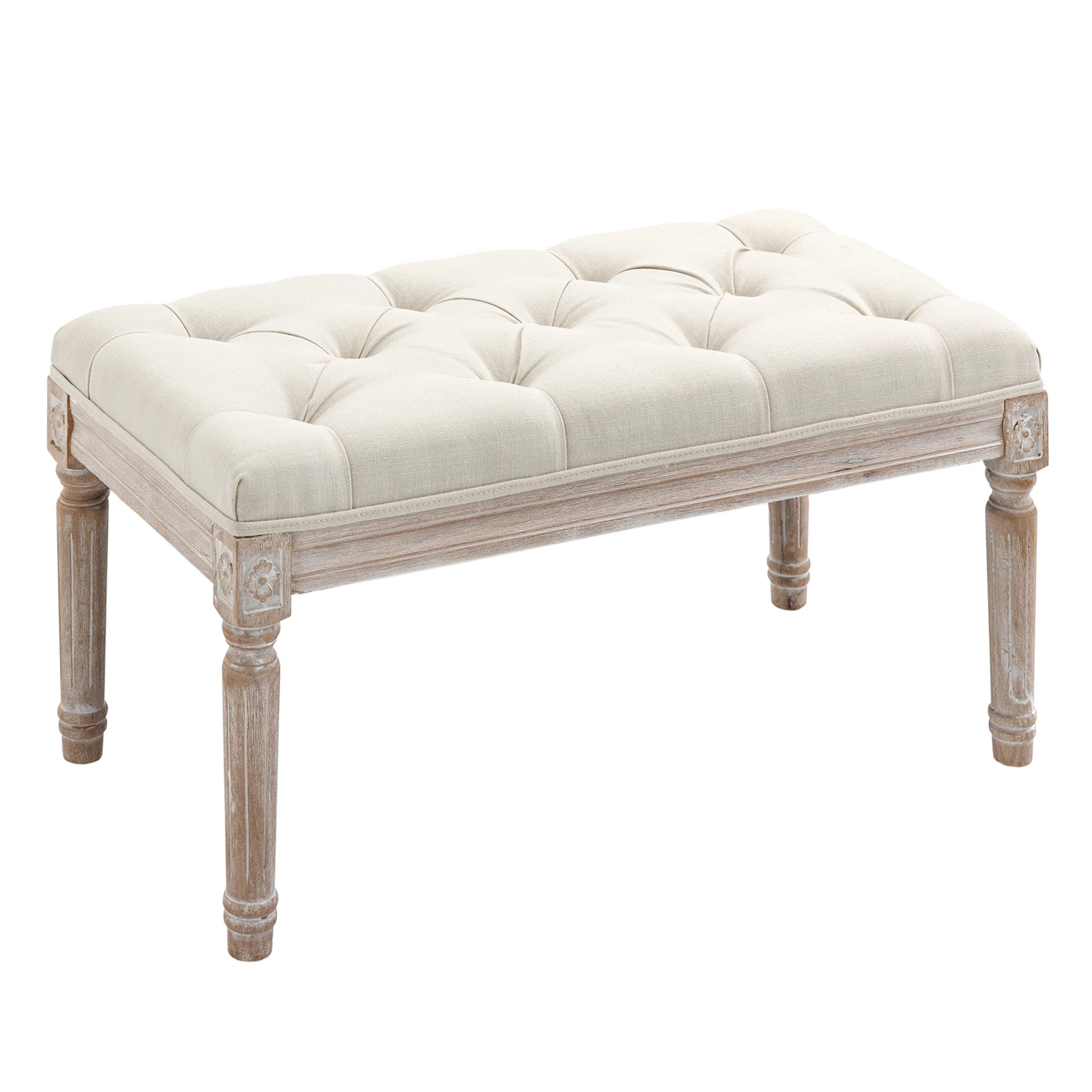Banc Banquette classique capitonné 80cm bout de lit Rembourrée en lin - bois d'hévéa sculpté, patiné - beige - Image 11