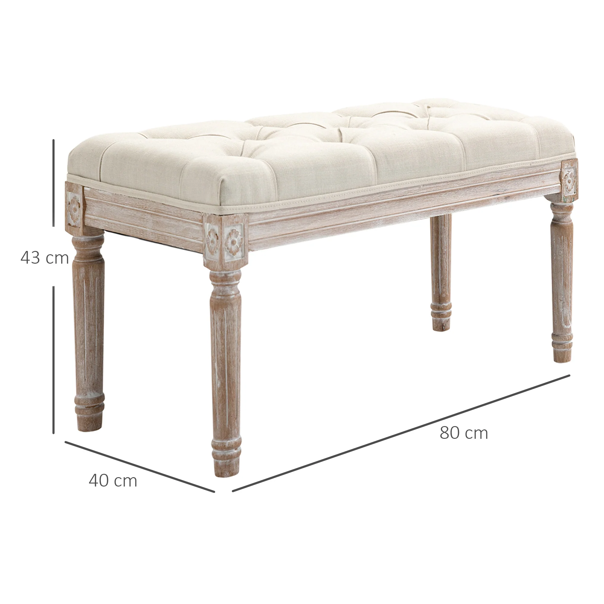 Banc Banquette classique capitonné 80cm bout de lit Rembourrée en lin - bois d'hévéa sculpté, patiné - beige - Image 4