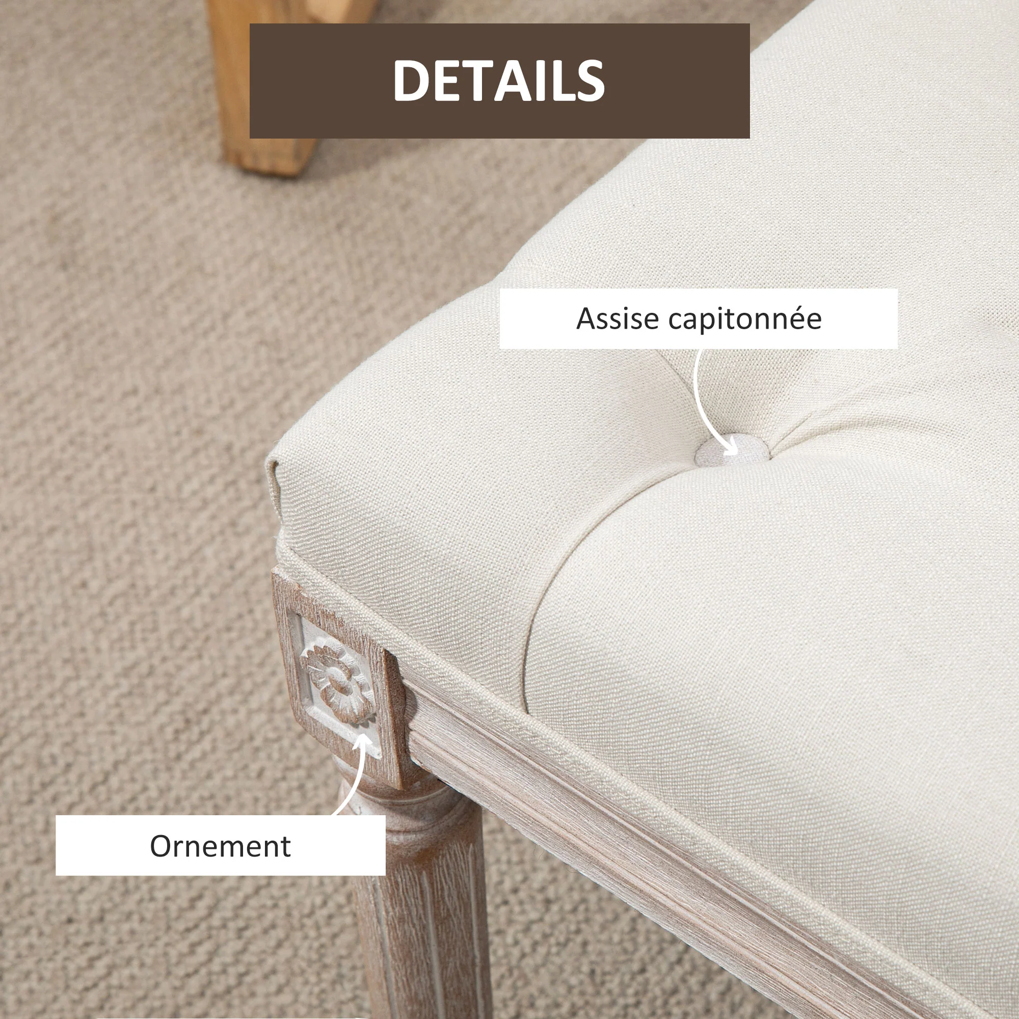 Banc Banquette classique capitonné 80cm bout de lit Rembourrée en lin - bois d'hévéa sculpté, patiné - beige - Image 5