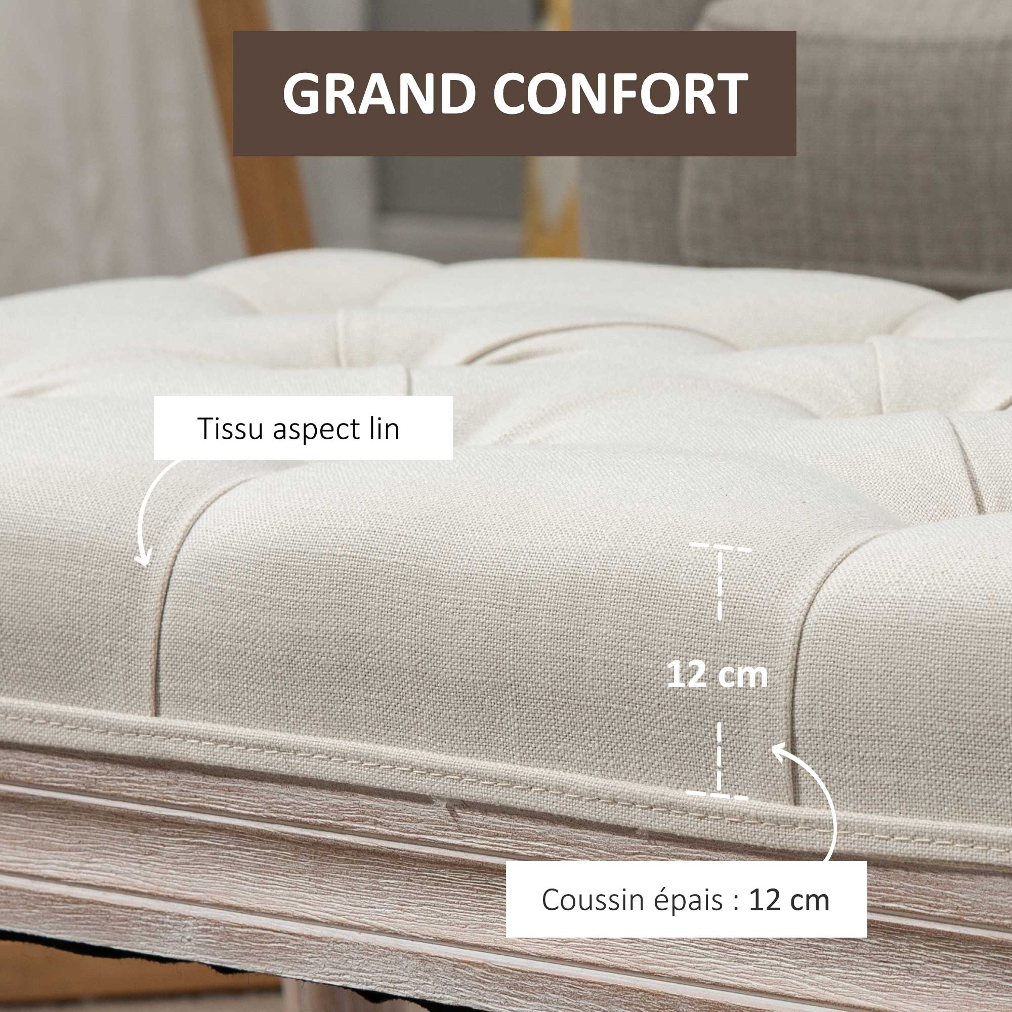 Banc Banquette classique capitonné 80cm bout de lit Rembourrée en lin - bois d'hévéa sculpté, patiné - beige - Image 7