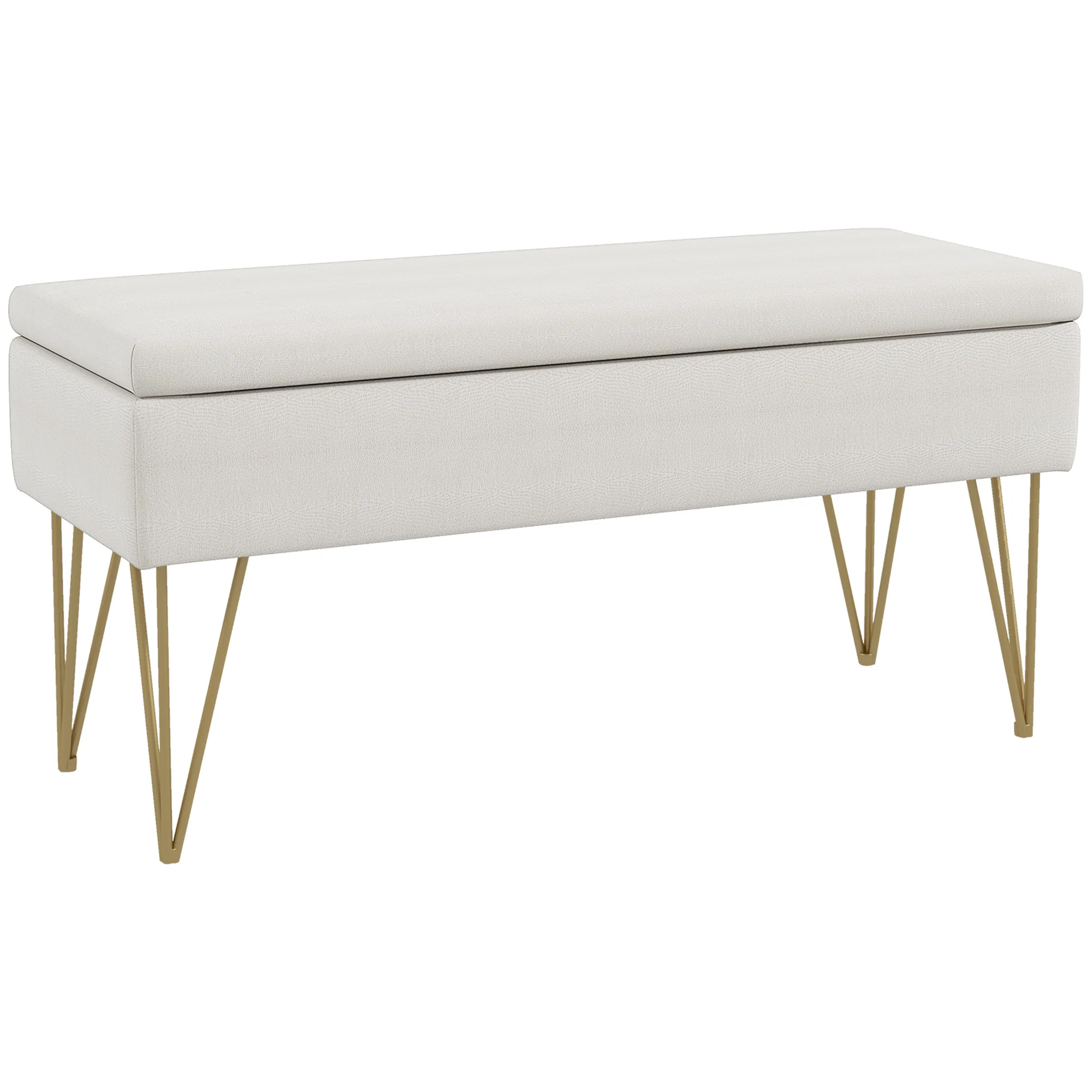Banc bout de lit banquette coffre de rangement 2 en 1 en tissu aspect lin avec pieds épingle en acier doré 100 x 40 x 49 cm crème - Image 11