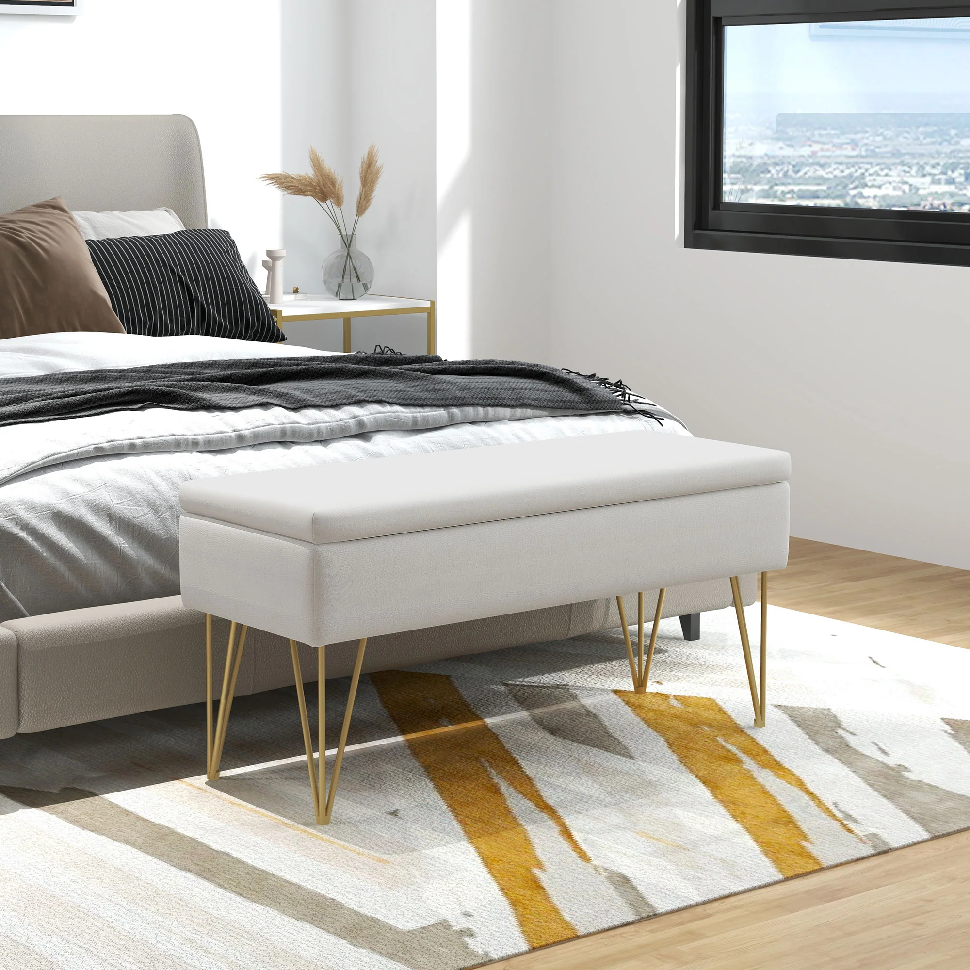 Banc bout de lit banquette coffre de rangement 2 en 1 en tissu aspect lin avec pieds épingle en acier doré 100 x 40 x 49 cm crème - Image 3