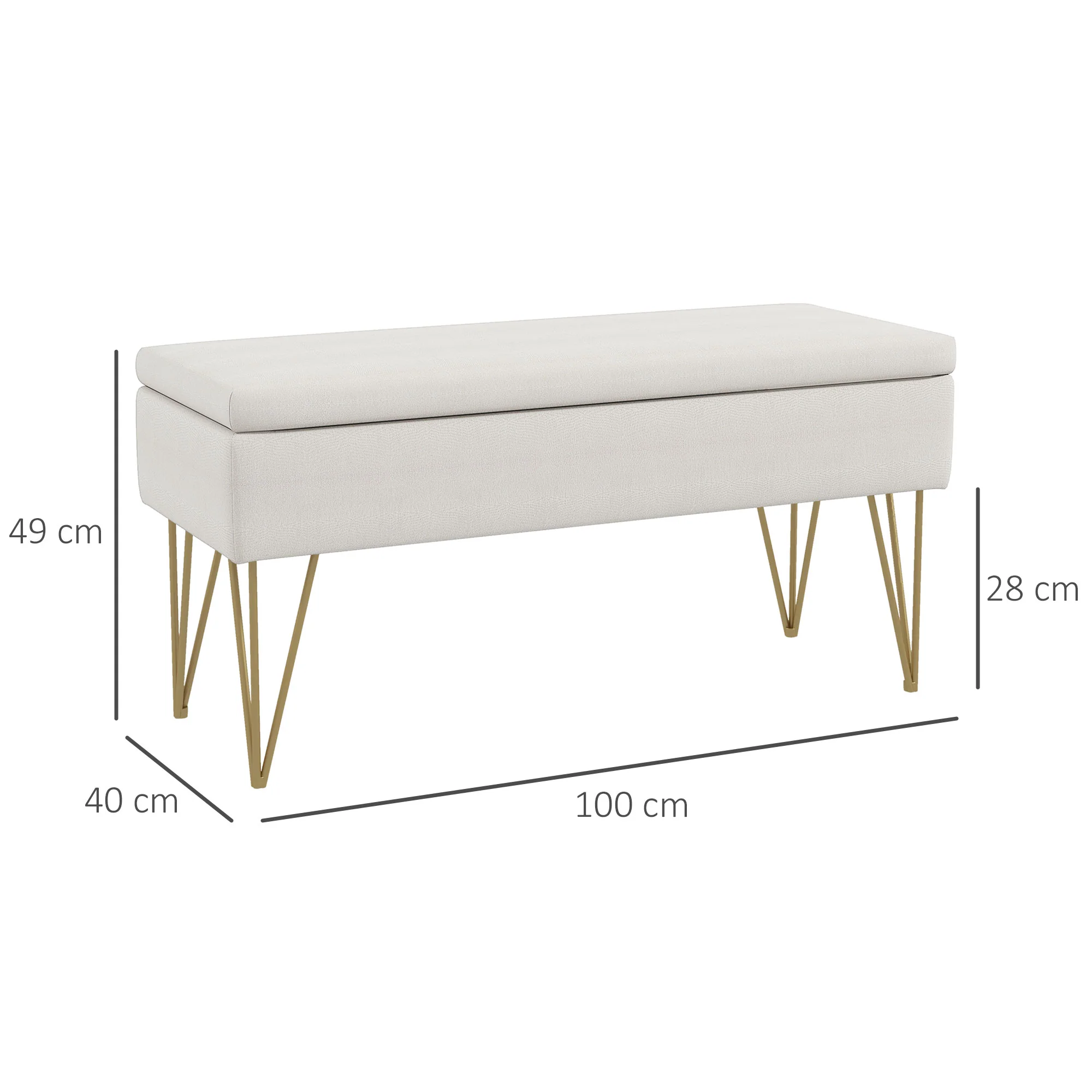 Banc bout de lit banquette coffre de rangement 2 en 1 en tissu aspect lin avec pieds épingle en acier doré 100 x 40 x 49 cm crème - Image 4