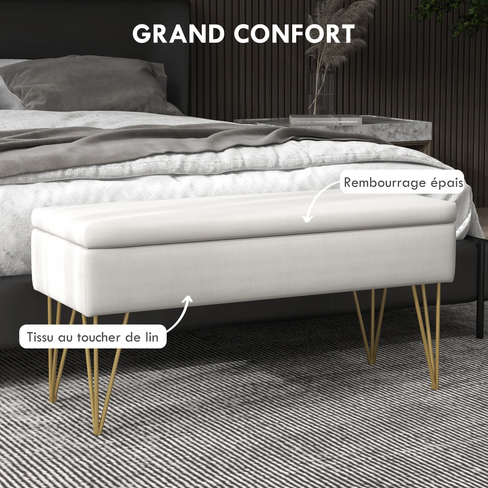 Banc bout de lit banquette coffre de rangement 2 en 1 en tissu aspect lin avec pieds épingle en acier doré 100 x 40 x 49 cm crème - Image 5