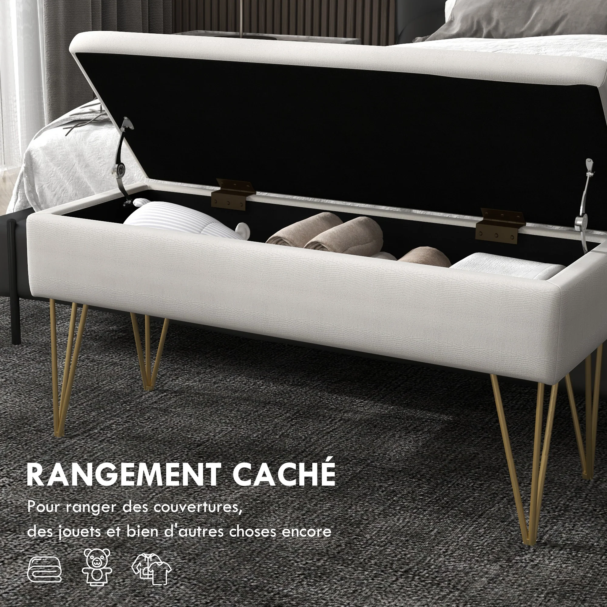 Banc bout de lit banquette coffre de rangement 2 en 1 en tissu aspect lin avec pieds épingle en acier doré 100 x 40 x 49 cm crème - Image 6