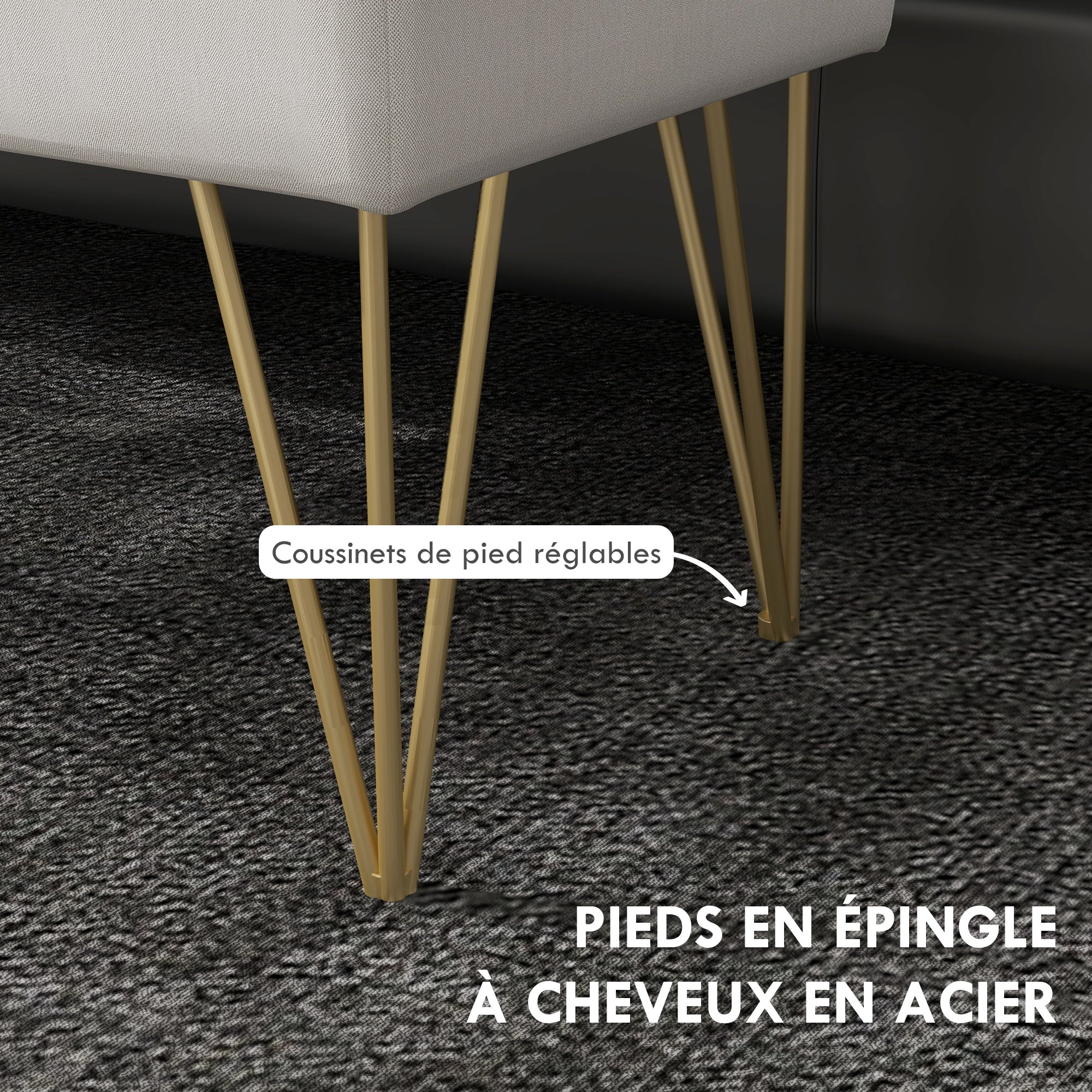 Banc bout de lit banquette coffre de rangement 2 en 1 en tissu aspect lin avec pieds épingle en acier doré 100 x 40 x 49 cm crème - Image 7