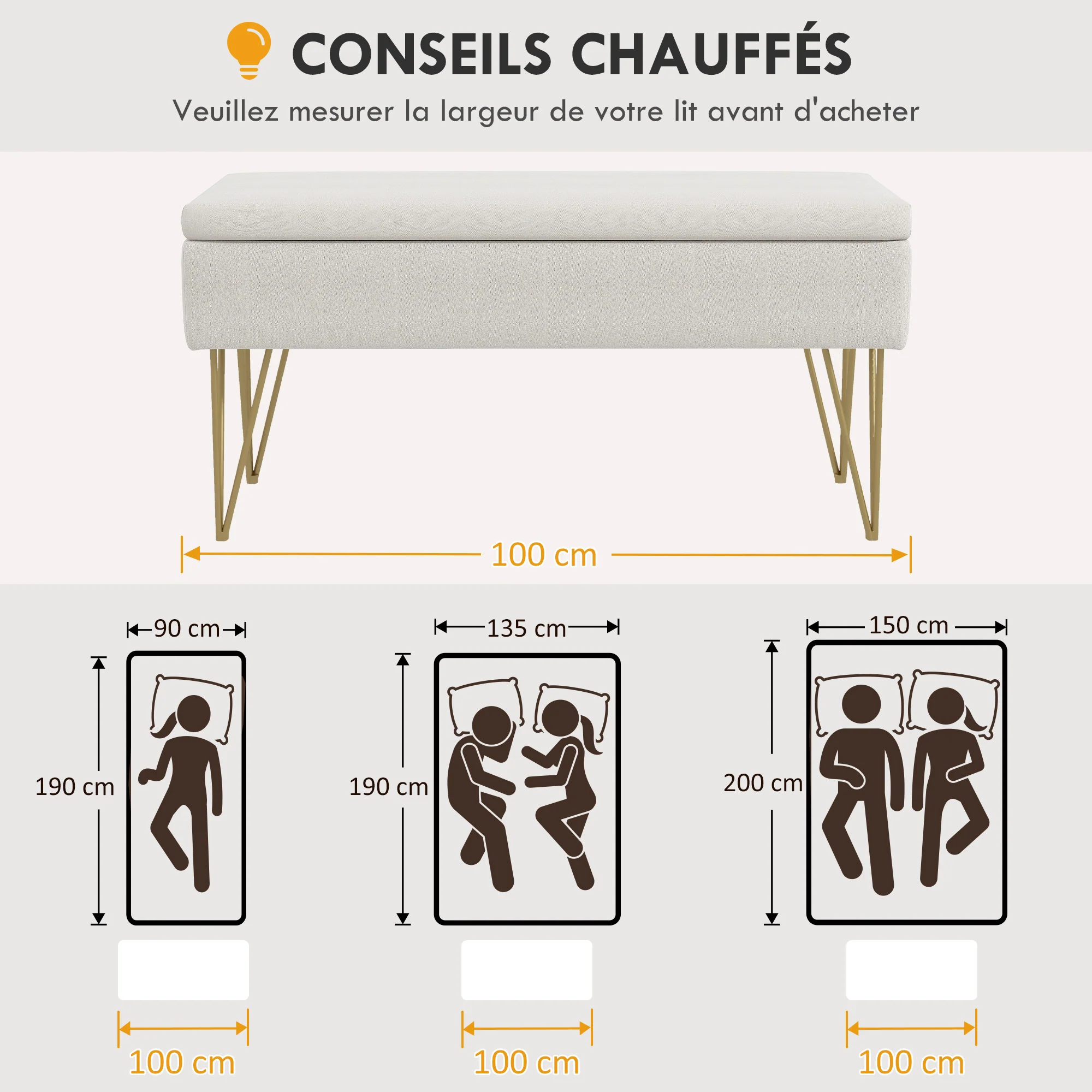 Banc bout de lit banquette coffre de rangement 2 en 1 en tissu aspect lin avec pieds épingle en acier doré 100 x 40 x 49 cm crème - Image 8
