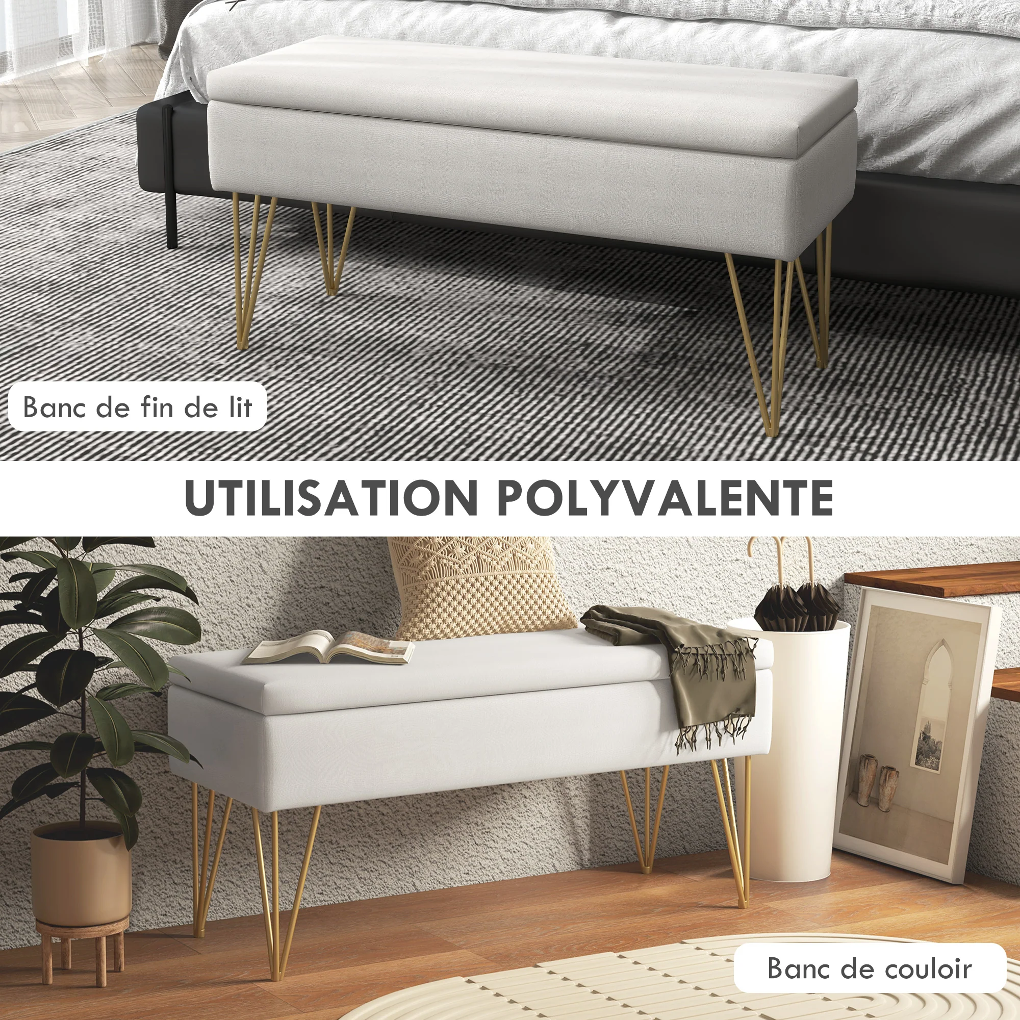 Banc bout de lit banquette coffre de rangement 2 en 1 en tissu aspect lin avec pieds épingle en acier doré 100 x 40 x 49 cm crème - Image 9