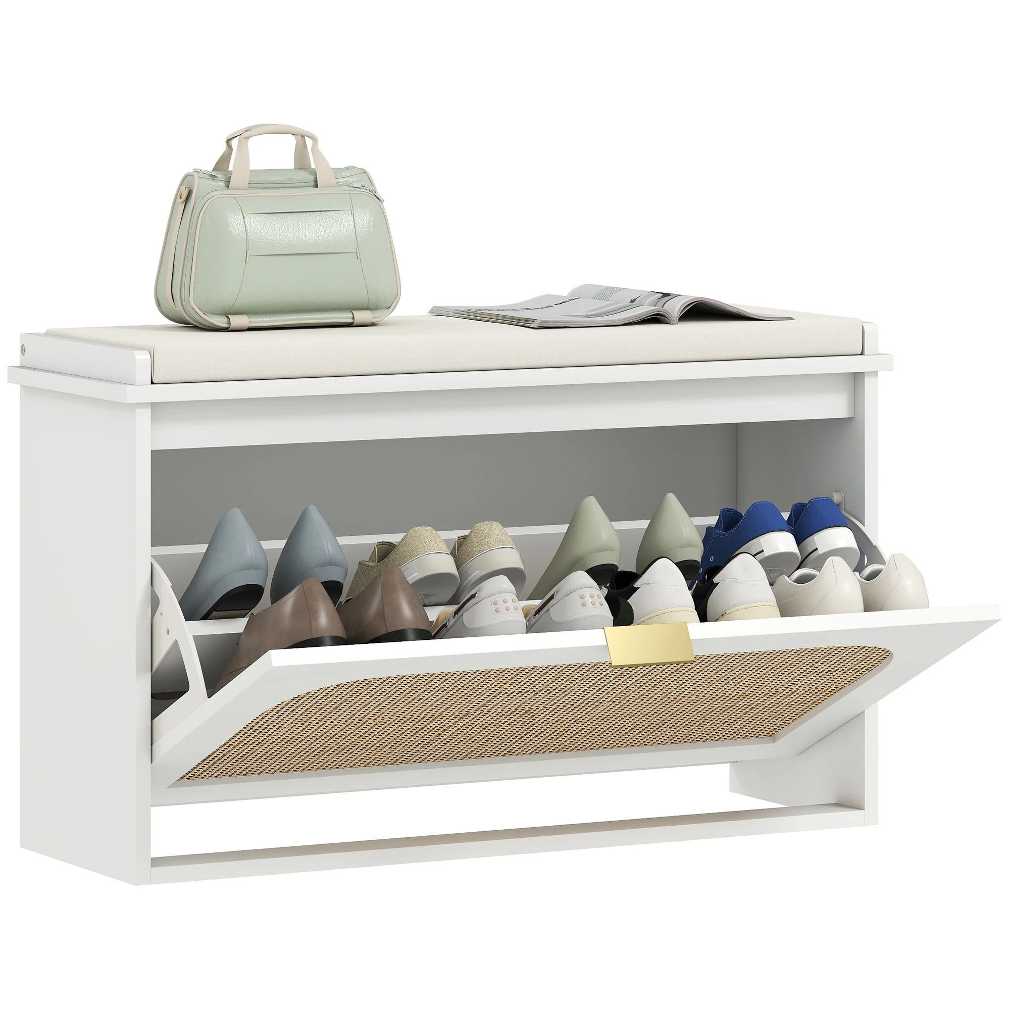 Banc chaussures entrée, banc de rangement étroit, assise rembourrée, porte en rotin, tiroir rabattable et étagère réglable, style bohème, pour entrée, couloir, 80 x 26 x 47,5 cm, blanc - Image 11