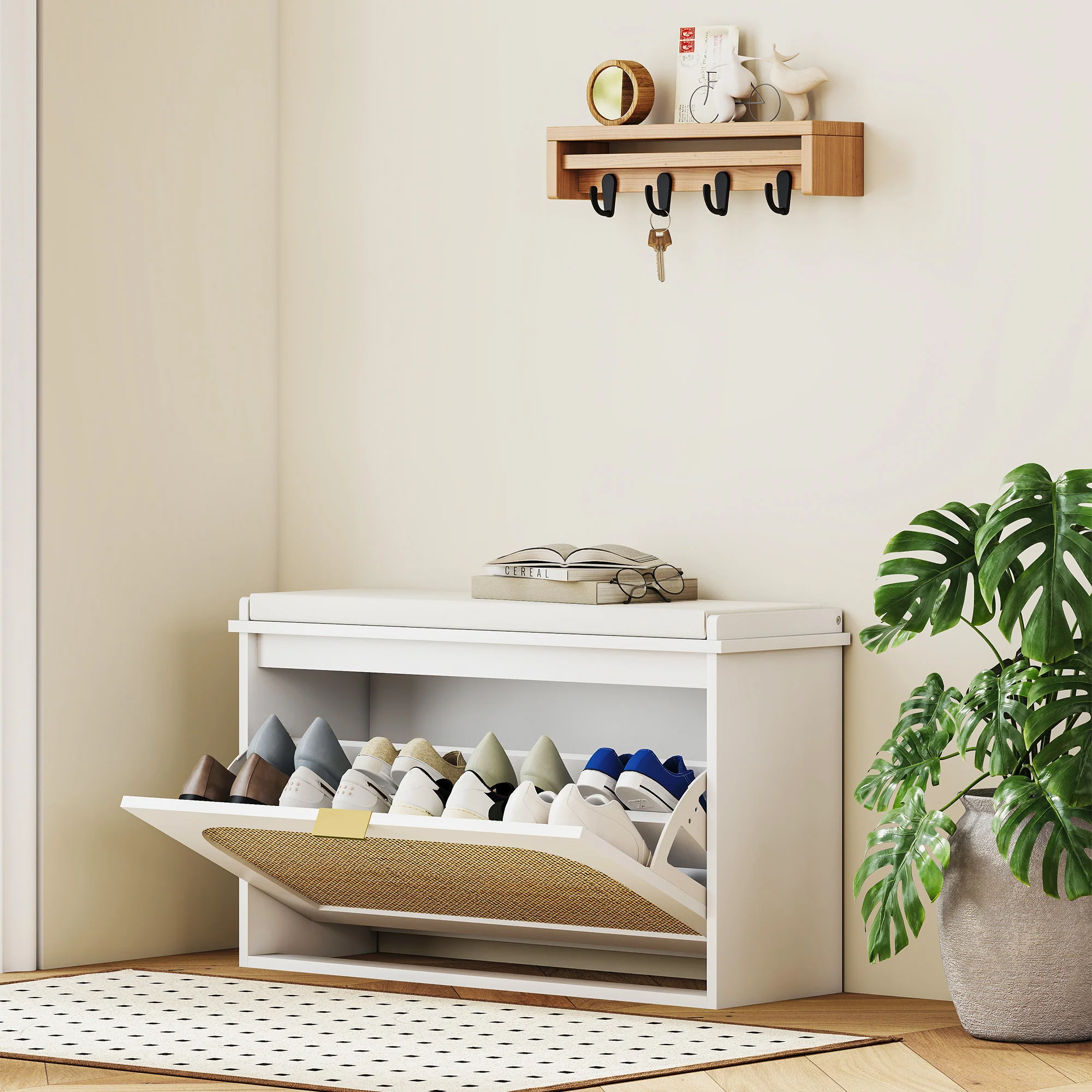 Banc chaussures entrée, banc de rangement étroit, assise rembourrée, porte en rotin, tiroir rabattable et étagère réglable, style bohème, pour entrée, couloir, 80 x 26 x 47,5 cm, blanc - Image 3
