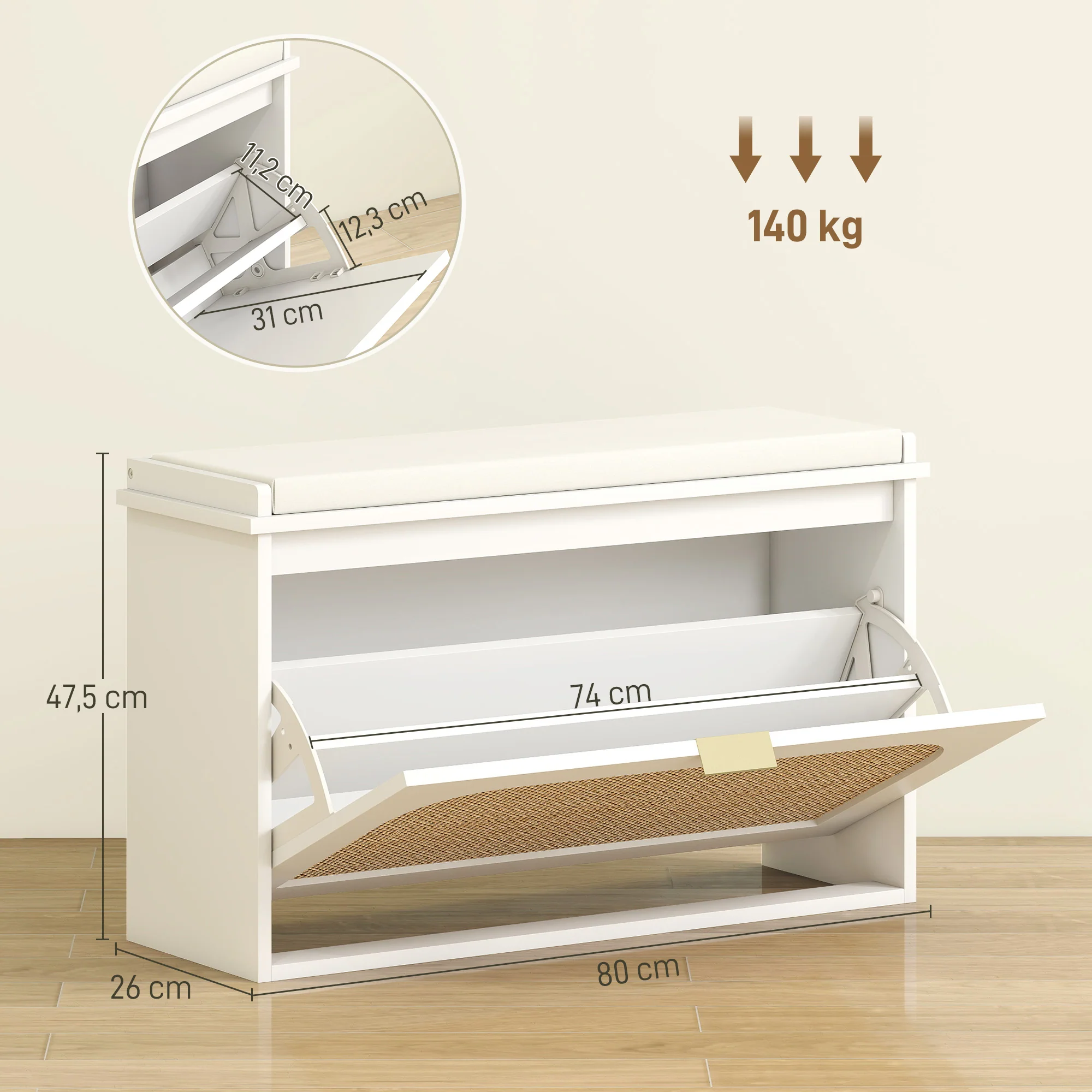 Banc chaussures entrée, banc de rangement étroit, assise rembourrée, porte en rotin, tiroir rabattable et étagère réglable, style bohème, pour entrée, couloir, 80 x 26 x 47,5 cm, blanc - Image 4
