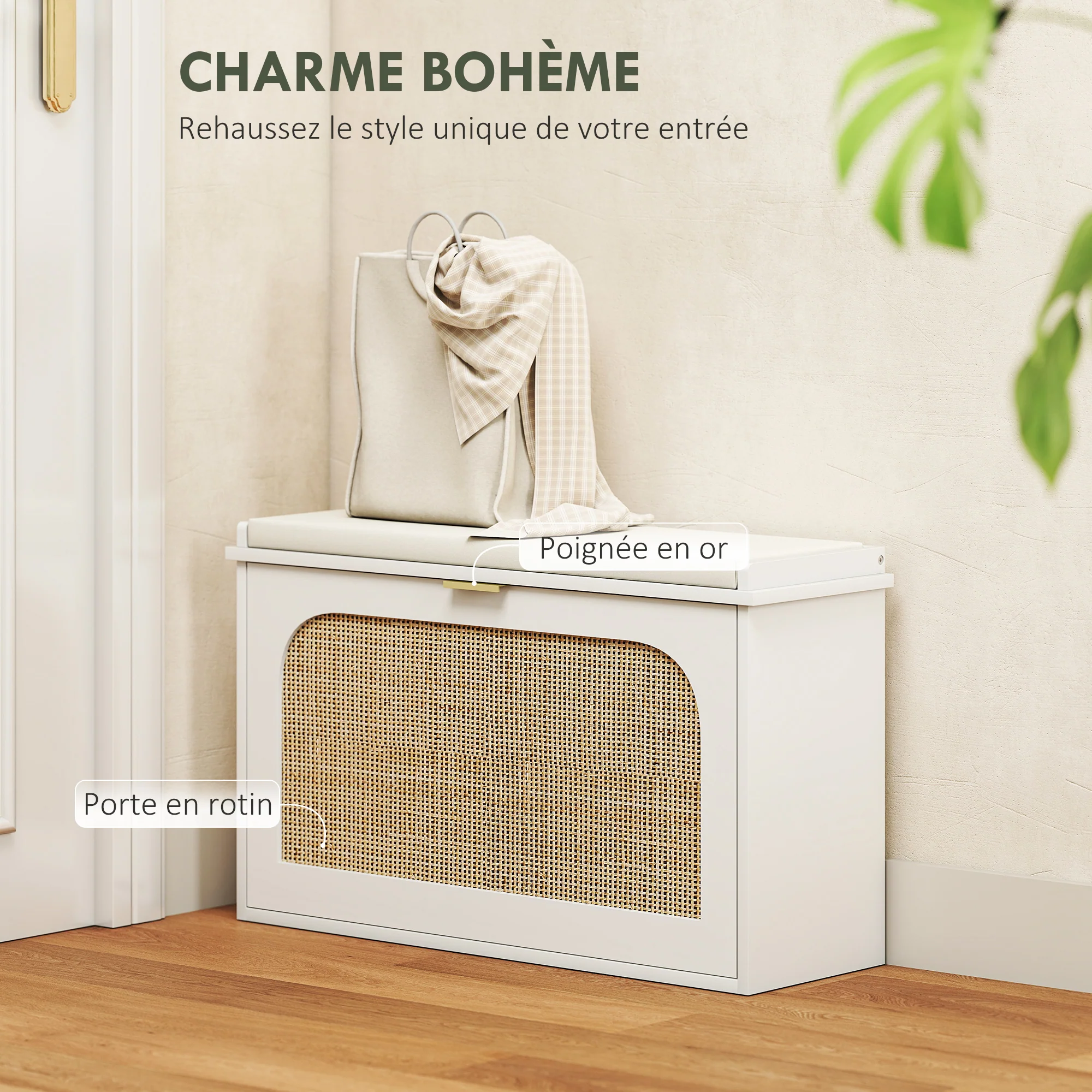 Banc chaussures entrée, banc de rangement étroit, assise rembourrée, porte en rotin, tiroir rabattable et étagère réglable, style bohème, pour entrée, couloir, 80 x 26 x 47,5 cm, blanc - Image 5