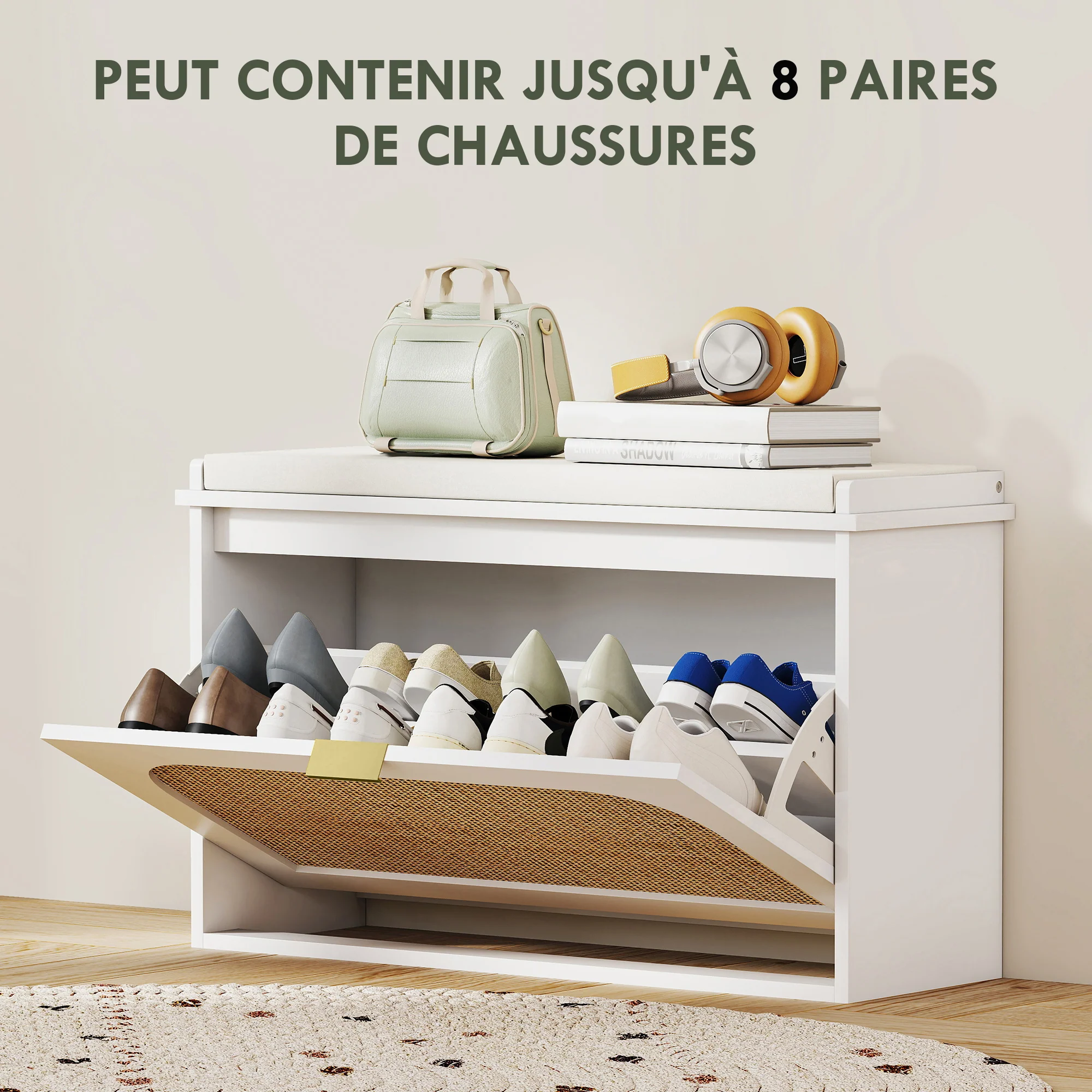Banc chaussures entrée, banc de rangement étroit, assise rembourrée, porte en rotin, tiroir rabattable et étagère réglable, style bohème, pour entrée, couloir, 80 x 26 x 47,5 cm, blanc - Image 7