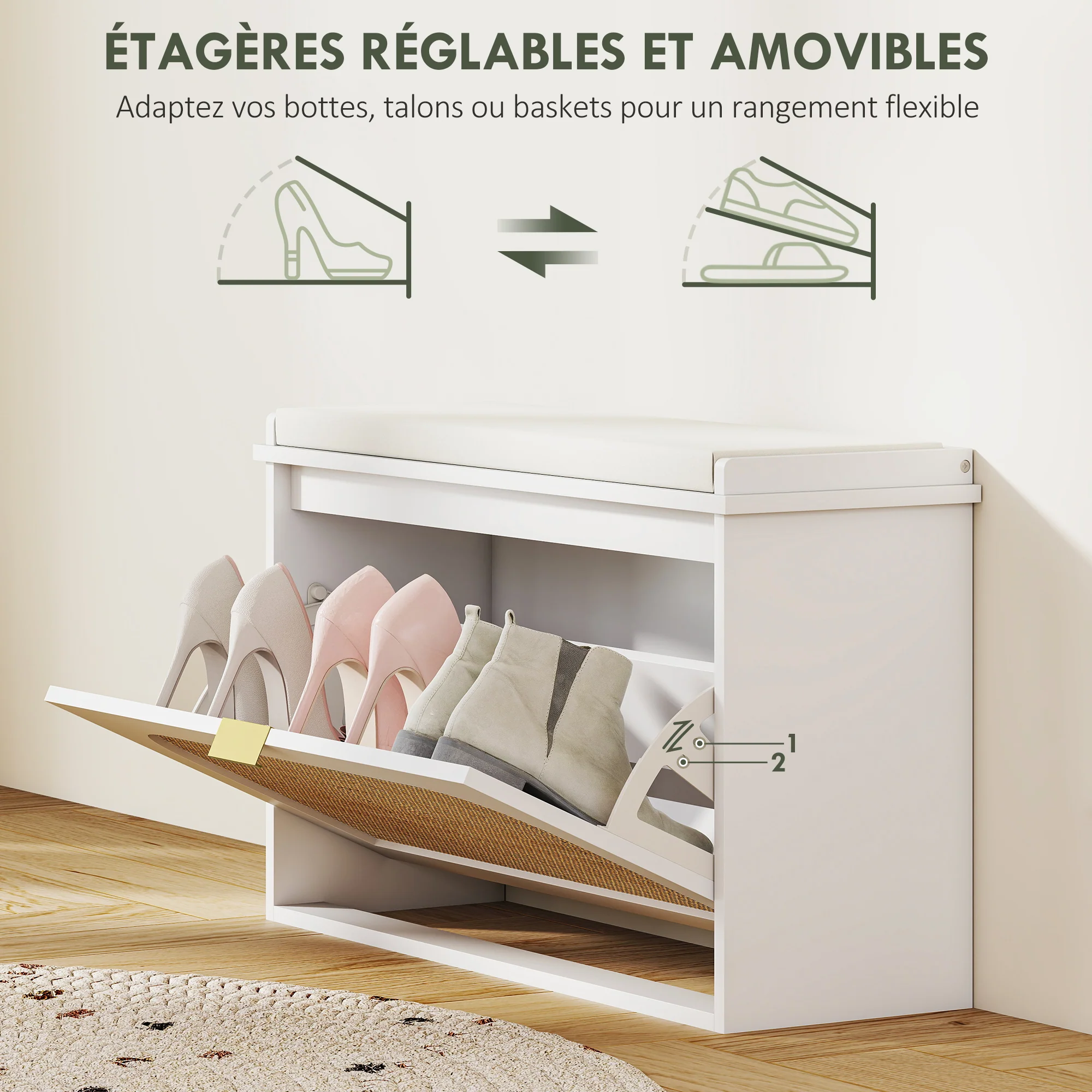 Banc chaussures entrée, banc de rangement étroit, assise rembourrée, porte en rotin, tiroir rabattable et étagère réglable, style bohème, pour entrée, couloir, 80 x 26 x 47,5 cm, blanc - Image 8