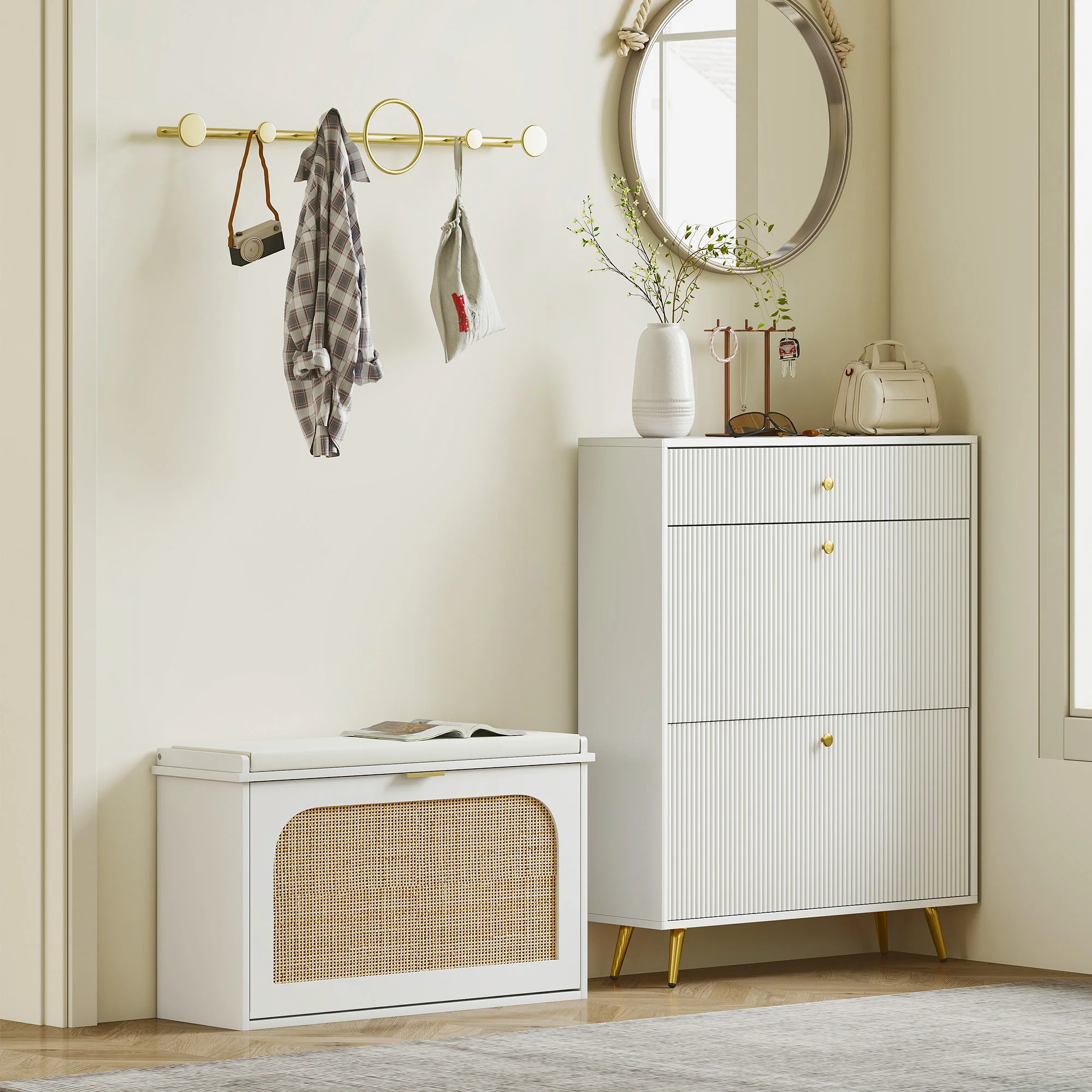 Banc chaussures entrée, banc de rangement étroit, assise rembourrée, porte en rotin, tiroir rabattable et étagère réglable, style bohème, pour entrée, couloir, 80 x 26 x 47,5 cm, blanc - Image 9