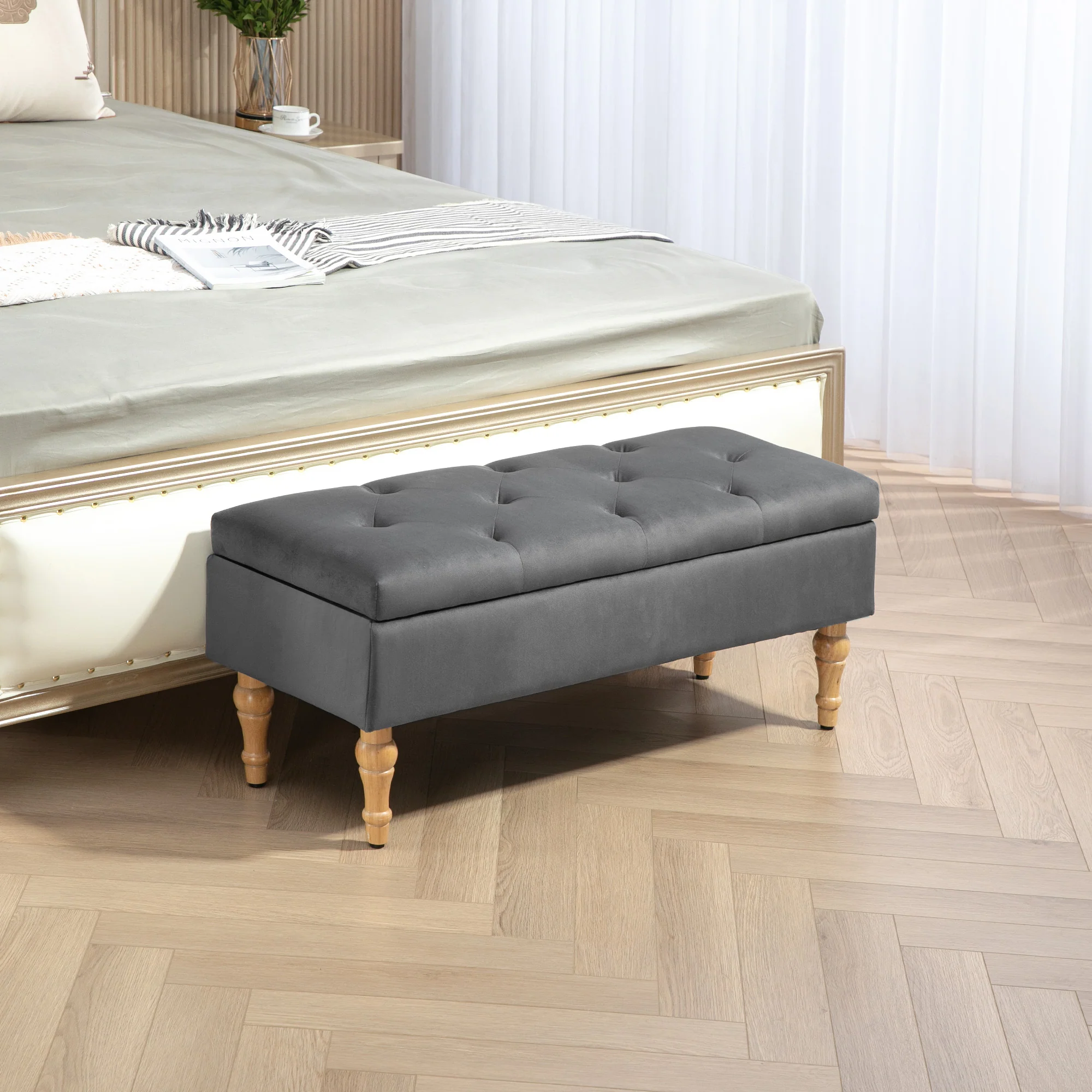 Banc coffre rangement 2 en 1 banquette en velours banc de rangement 38L style médiéval avec couvercle à charnière capitonné et pieds en bois pour couloir, salon, chambre, 102 x 38 x 41 cm, gris - Image 11