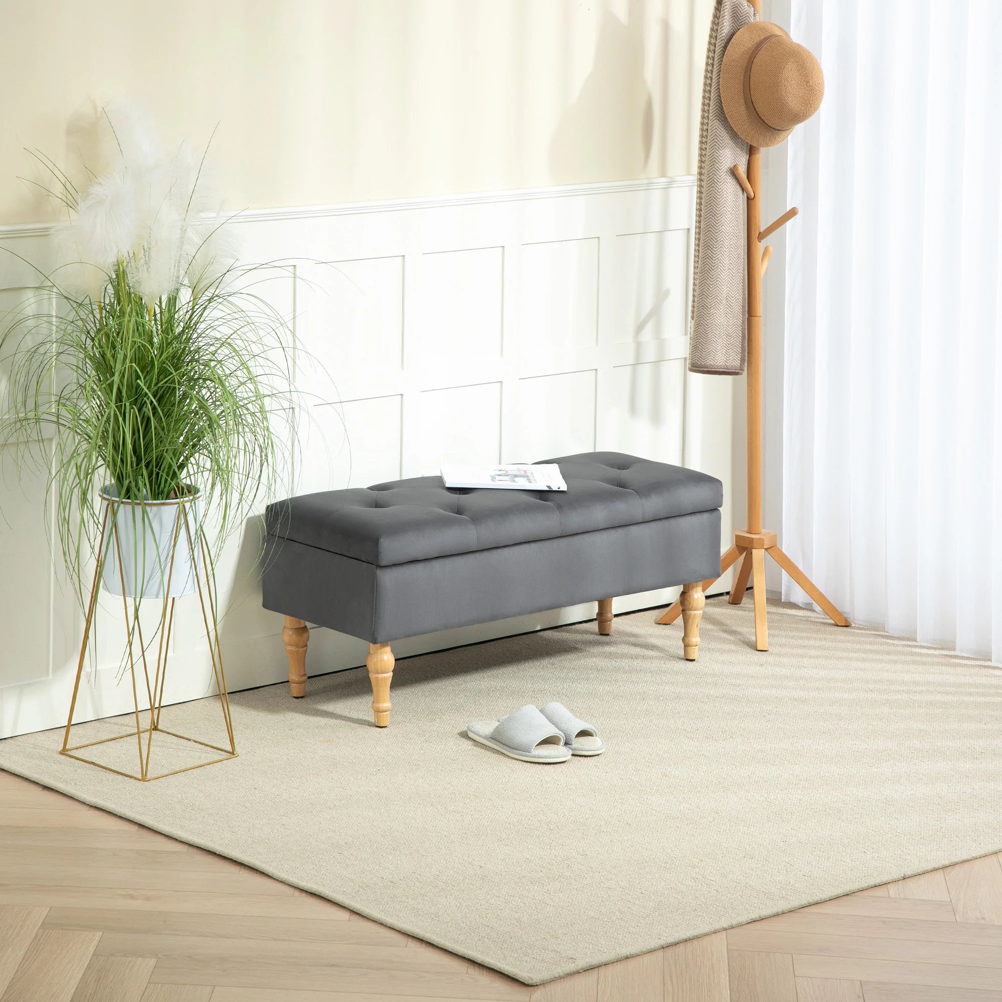 Banc coffre rangement 2 en 1 banquette en velours banc de rangement 38L style médiéval avec couvercle à charnière capitonné et pieds en bois pour couloir, salon, chambre, 102 x 38 x 41 cm, gris - Image 3