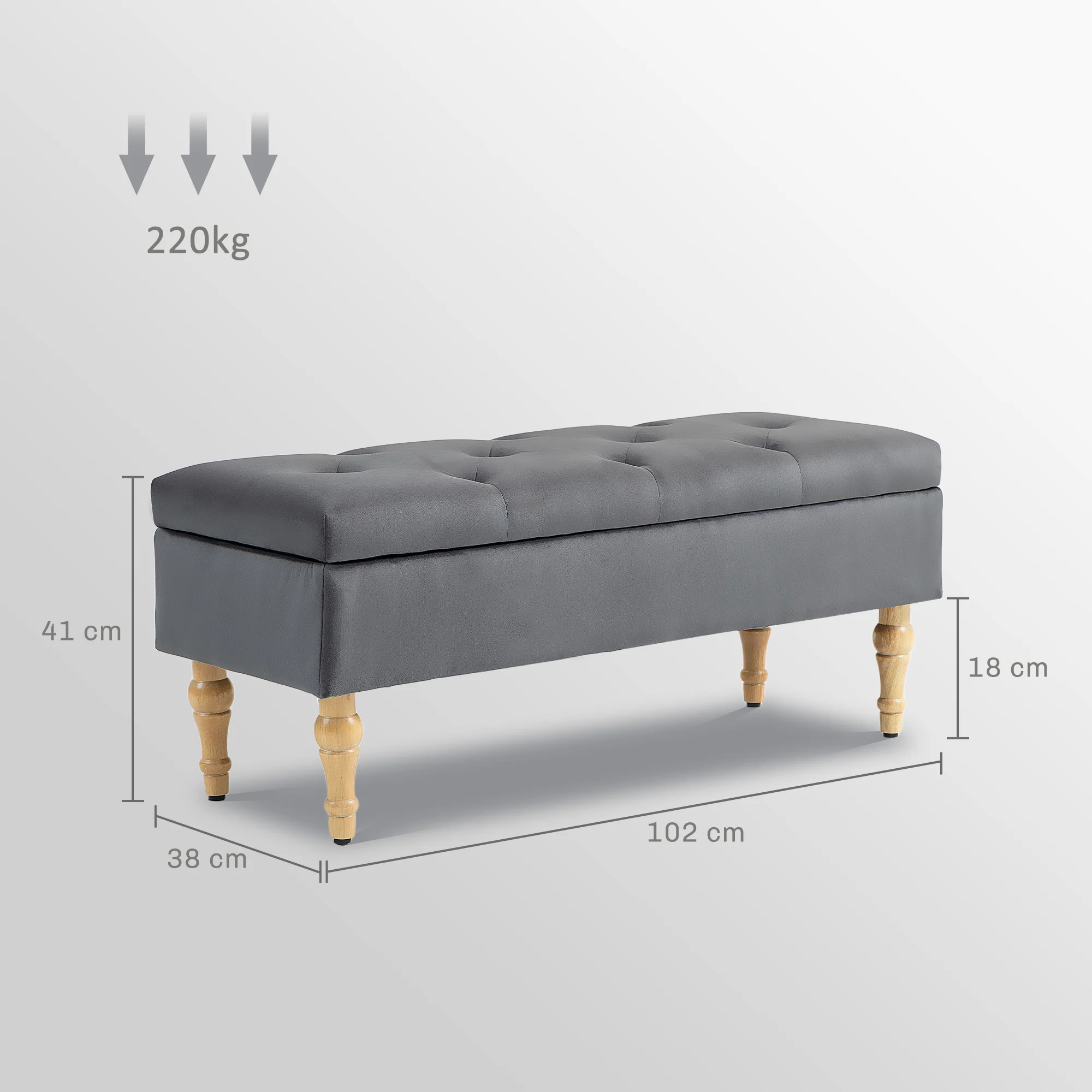 Banc coffre rangement 2 en 1 banquette en velours banc de rangement 38L style médiéval avec couvercle à charnière capitonné et pieds en bois pour couloir, salon, chambre, 102 x 38 x 41 cm, gris - Image 4