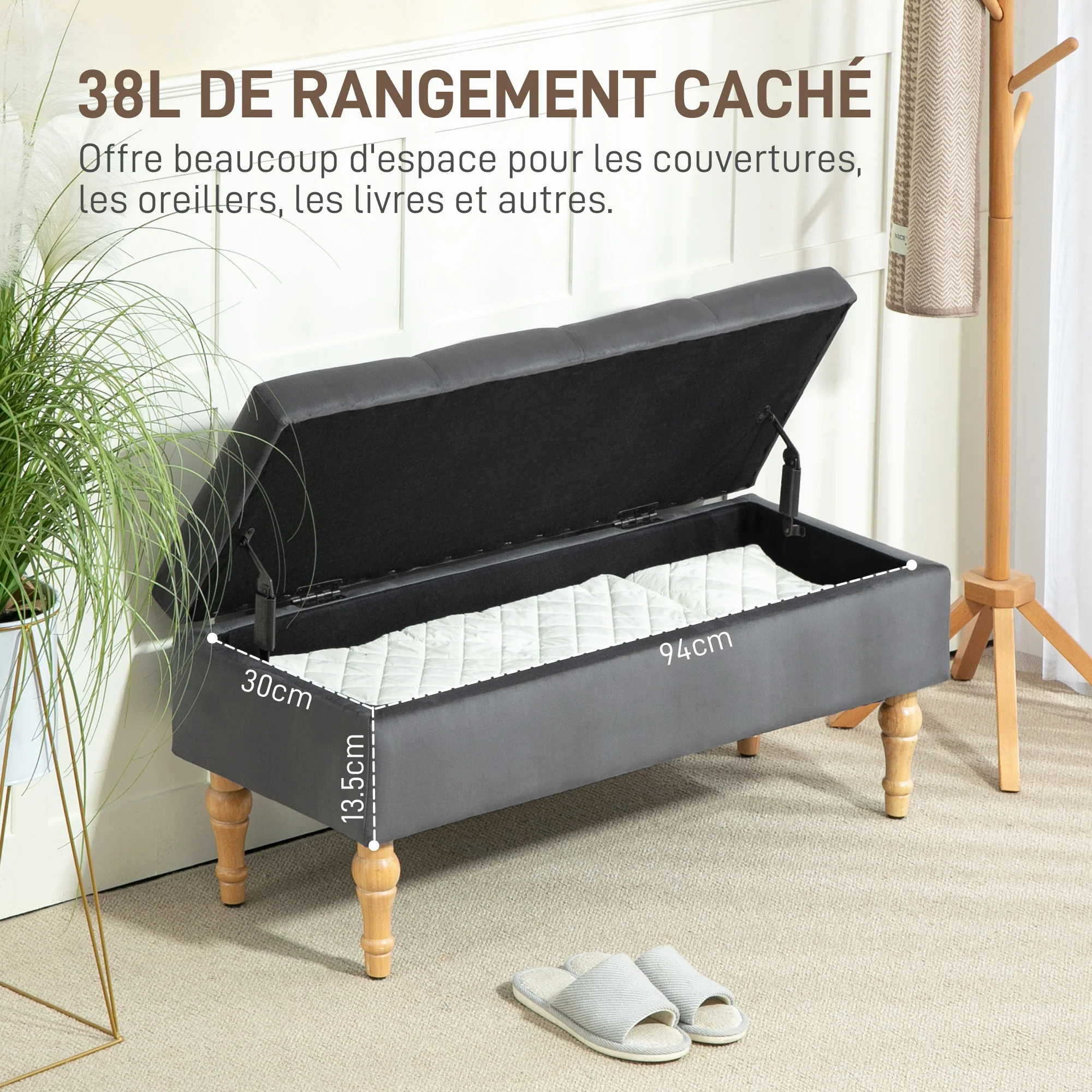 Banc coffre rangement 2 en 1 banquette en velours banc de rangement 38L style médiéval avec couvercle à charnière capitonné et pieds en bois pour couloir, salon, chambre, 102 x 38 x 41 cm, gris - Image 5