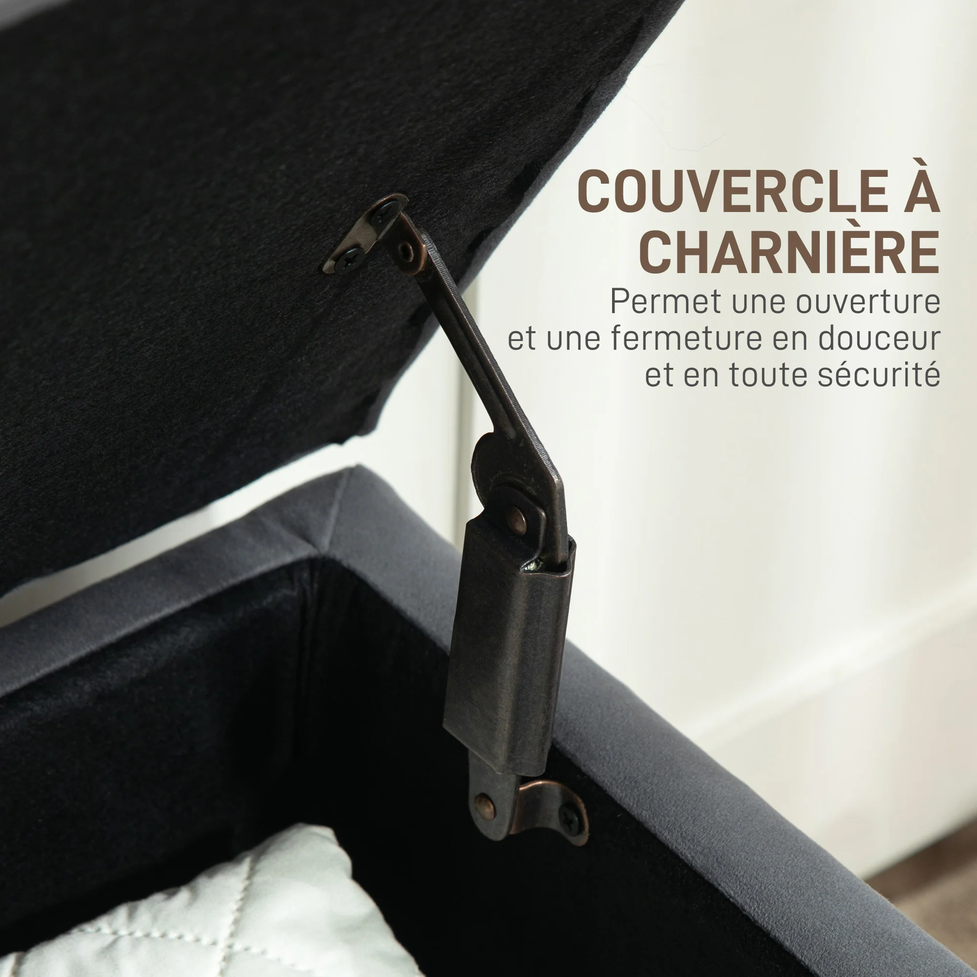 Banc coffre rangement 2 en 1 banquette en velours banc de rangement 38L style médiéval avec couvercle à charnière capitonné et pieds en bois pour couloir, salon, chambre, 102 x 38 x 41 cm, gris - Image 6