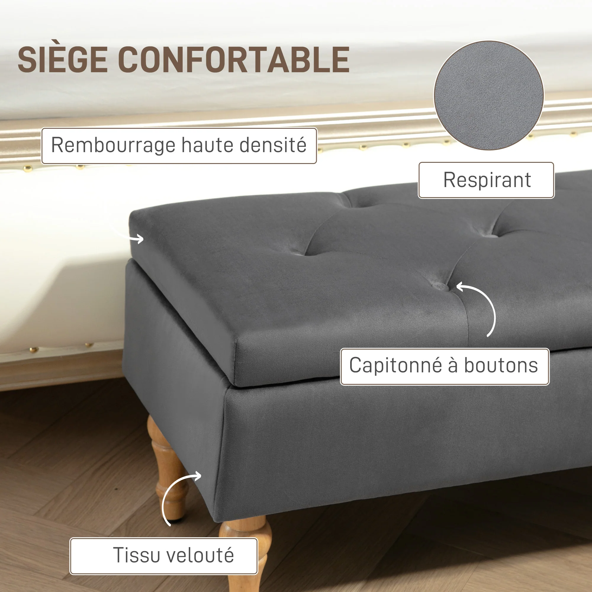 Banc coffre rangement 2 en 1 banquette en velours banc de rangement 38L style médiéval avec couvercle à charnière capitonné et pieds en bois pour couloir, salon, chambre, 102 x 38 x 41 cm, gris - Image 7