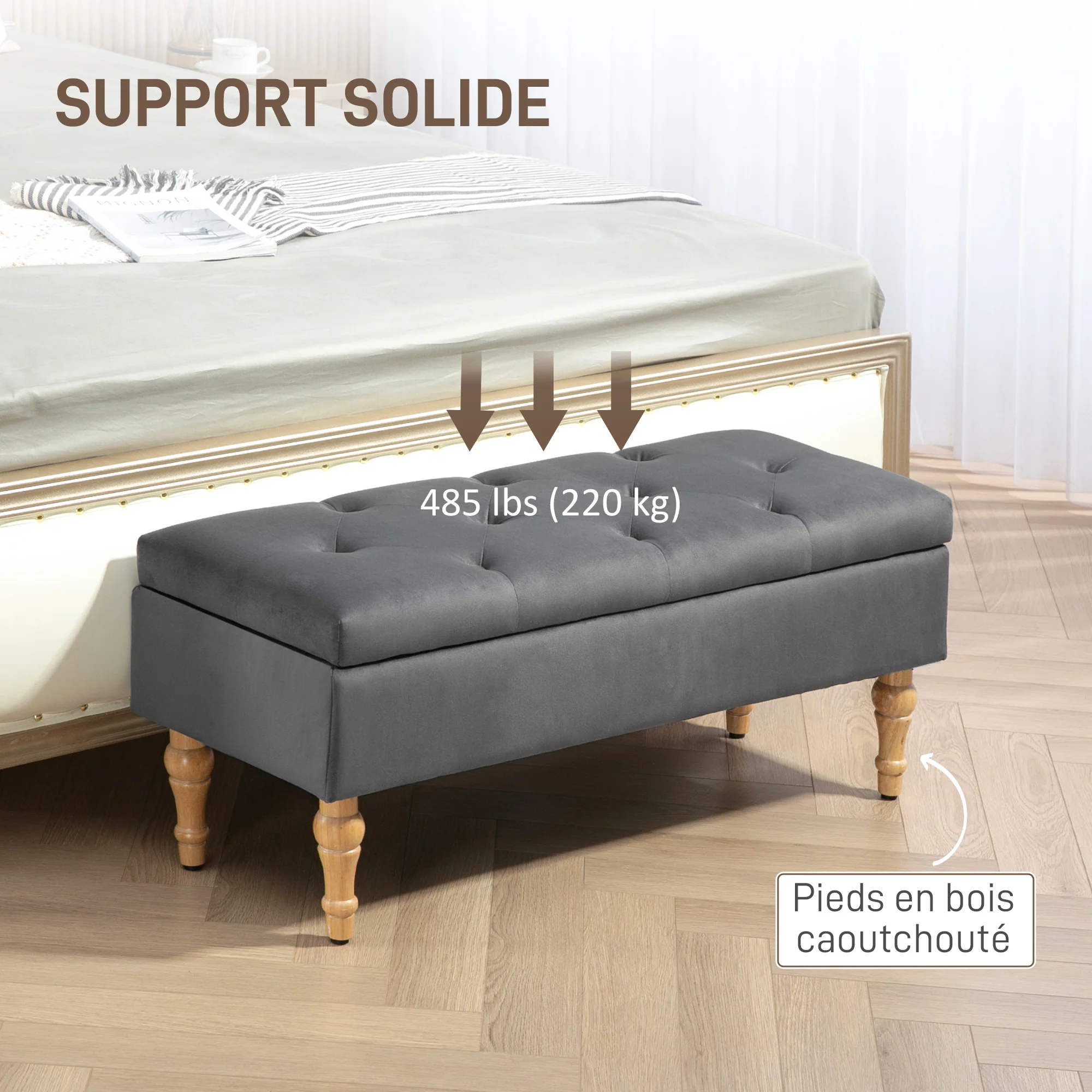 Banc coffre rangement 2 en 1 banquette en velours banc de rangement 38L style médiéval avec couvercle à charnière capitonné et pieds en bois pour couloir, salon, chambre, 102 x 38 x 41 cm, gris - Image 8