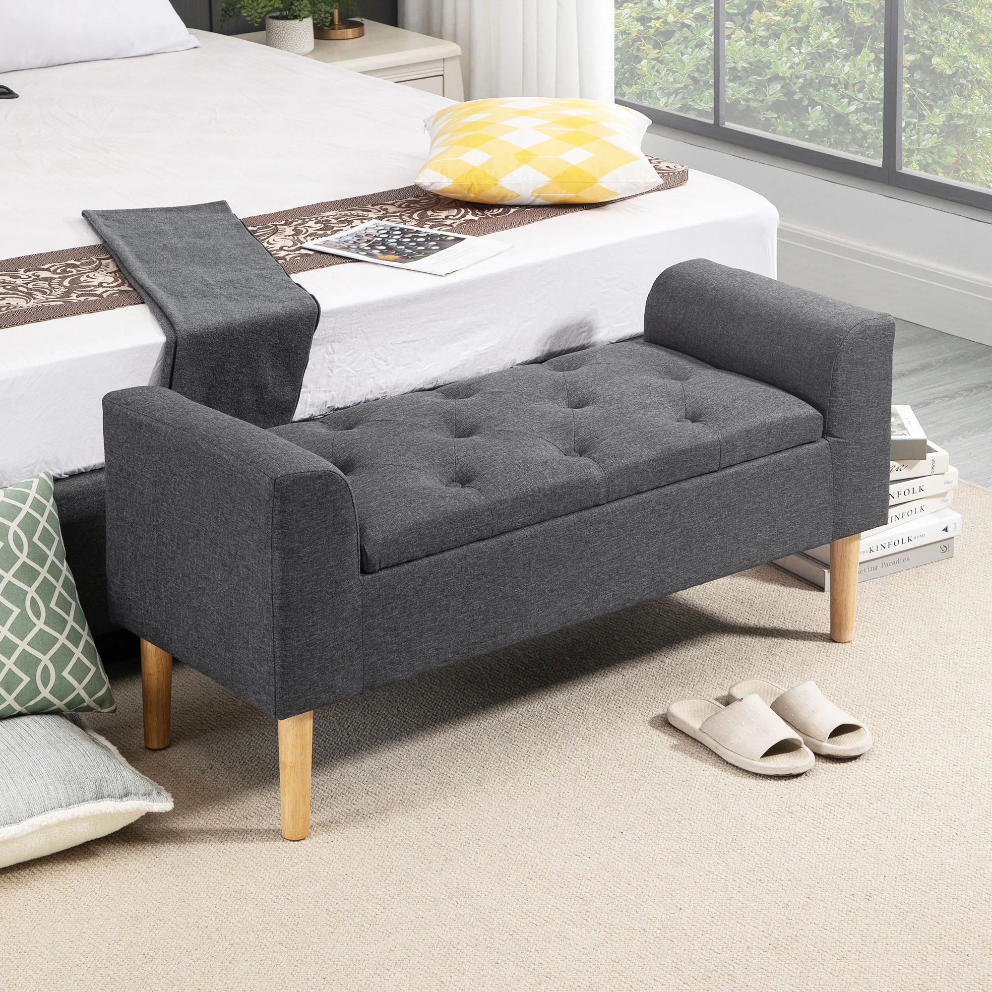 Banc coffre rangement capitonné banquette avec accoudoirs, banc de rangement pour la chambre à coucher, entrée, salon, charge 130 Kg dim. 116 x 44 x 58 cm gris foncé - Image 11