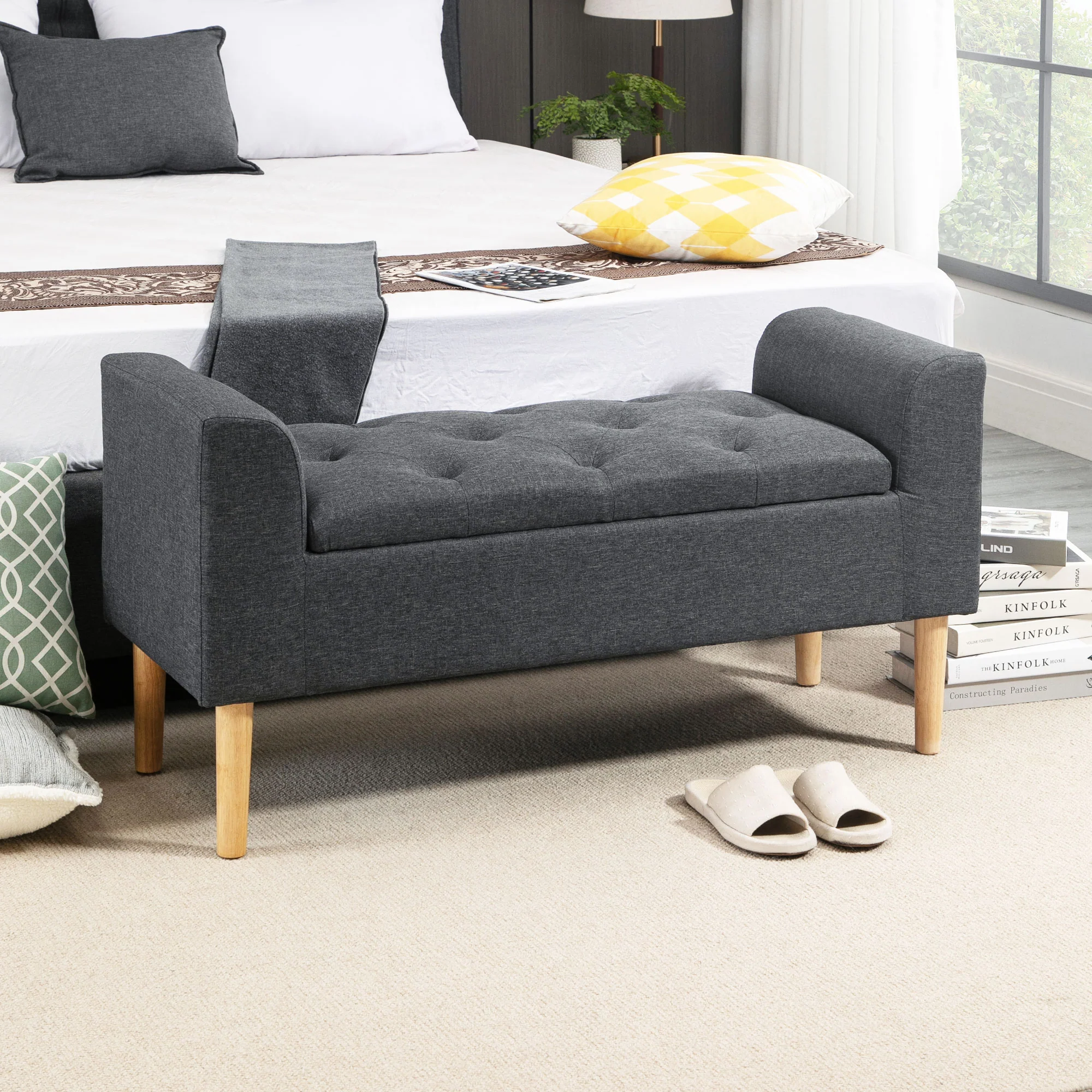 Banc coffre rangement capitonné banquette avec accoudoirs, banc de rangement pour la chambre à coucher, entrée, salon, charge 130 Kg dim. 116 x 44 x 58 cm gris foncé - Image 3
