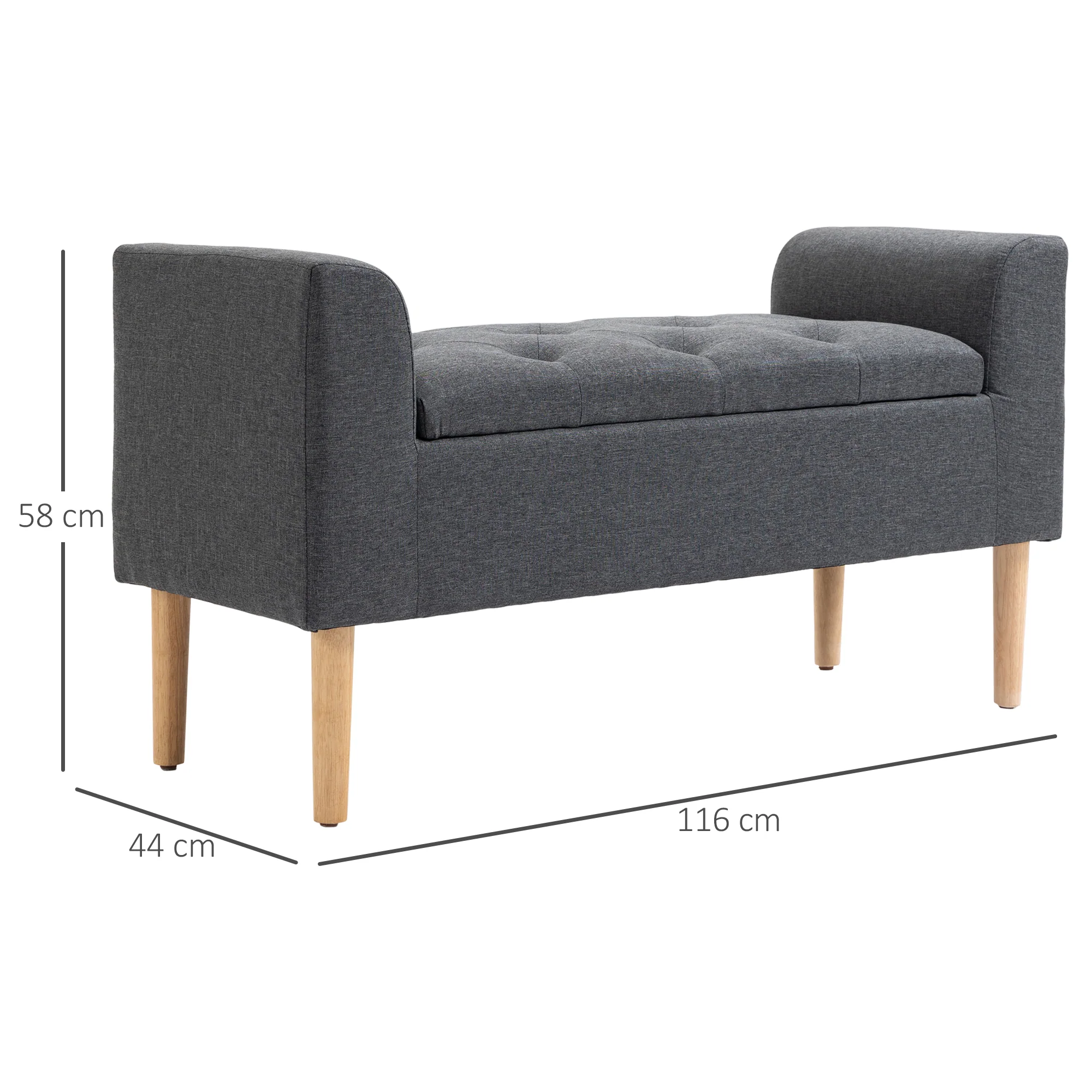 Banc coffre rangement capitonné banquette avec accoudoirs, banc de rangement pour la chambre à coucher, entrée, salon, charge 130 Kg dim. 116 x 44 x 58 cm gris foncé - Image 4