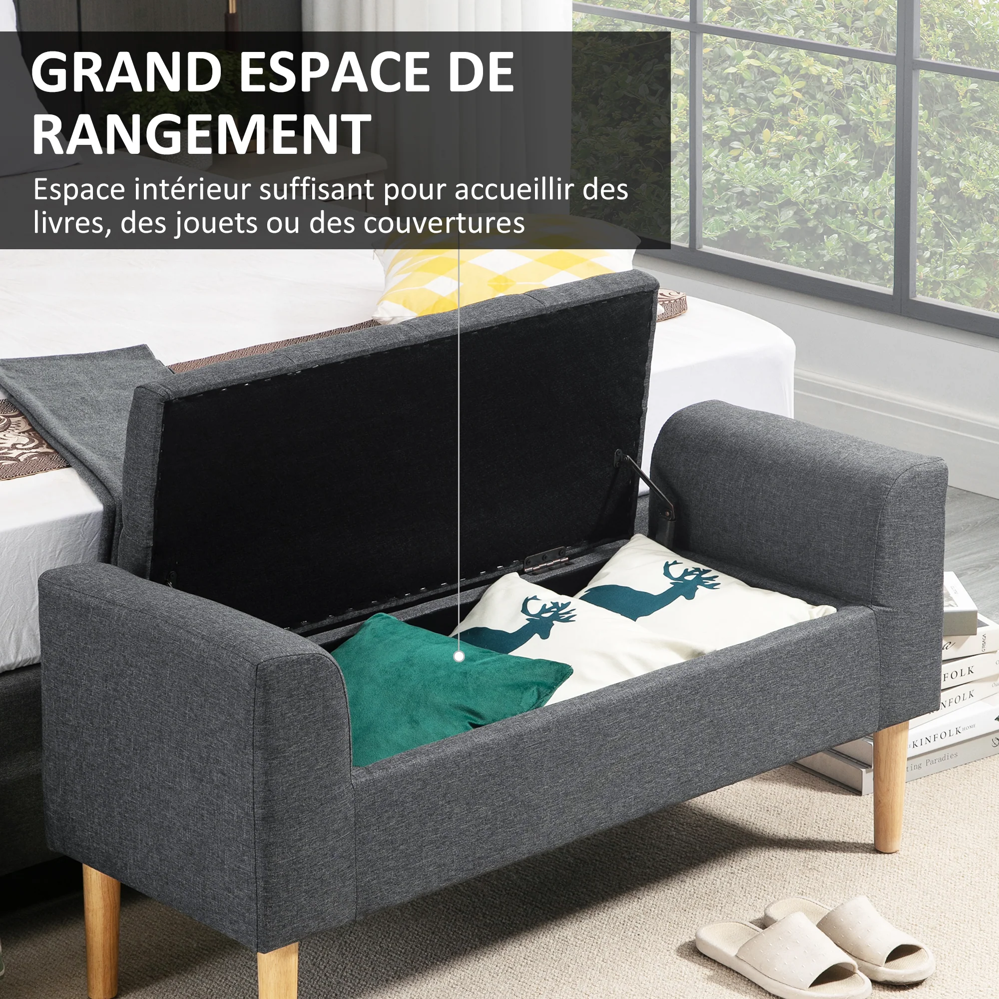 Banc coffre rangement capitonné banquette avec accoudoirs, banc de rangement pour la chambre à coucher, entrée, salon, charge 130 Kg dim. 116 x 44 x 58 cm gris foncé - Image 5