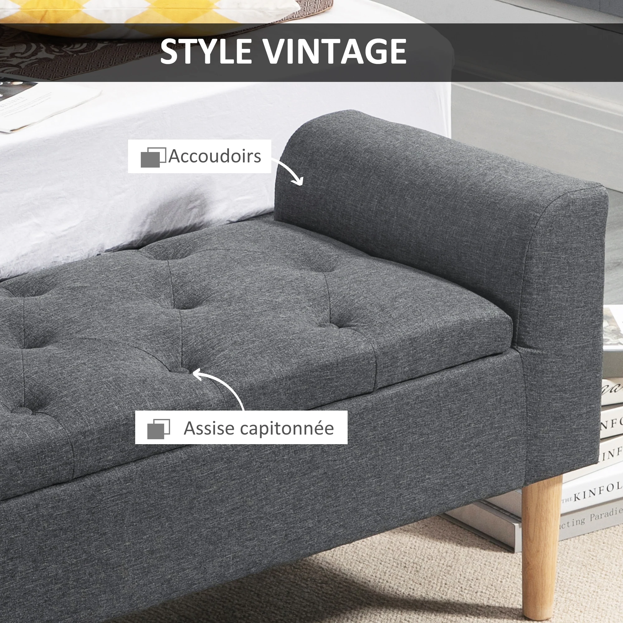 Banc coffre rangement capitonné banquette avec accoudoirs, banc de rangement pour la chambre à coucher, entrée, salon, charge 130 Kg dim. 116 x 44 x 58 cm gris foncé - Image 7