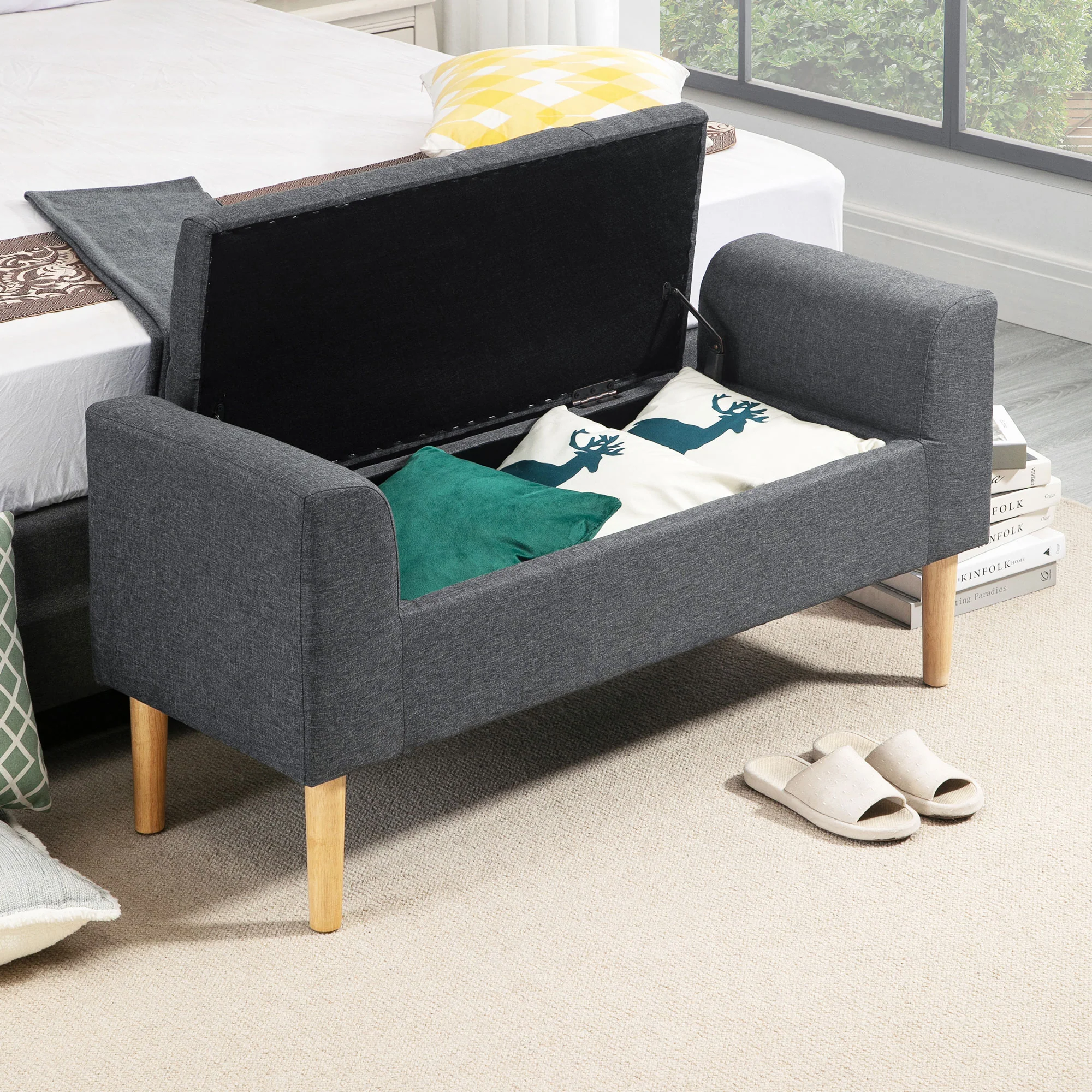 Banc coffre rangement capitonné banquette avec accoudoirs, banc de rangement pour la chambre à coucher, entrée, salon, charge 130 Kg dim. 116 x 44 x 58 cm gris foncé - Image 9