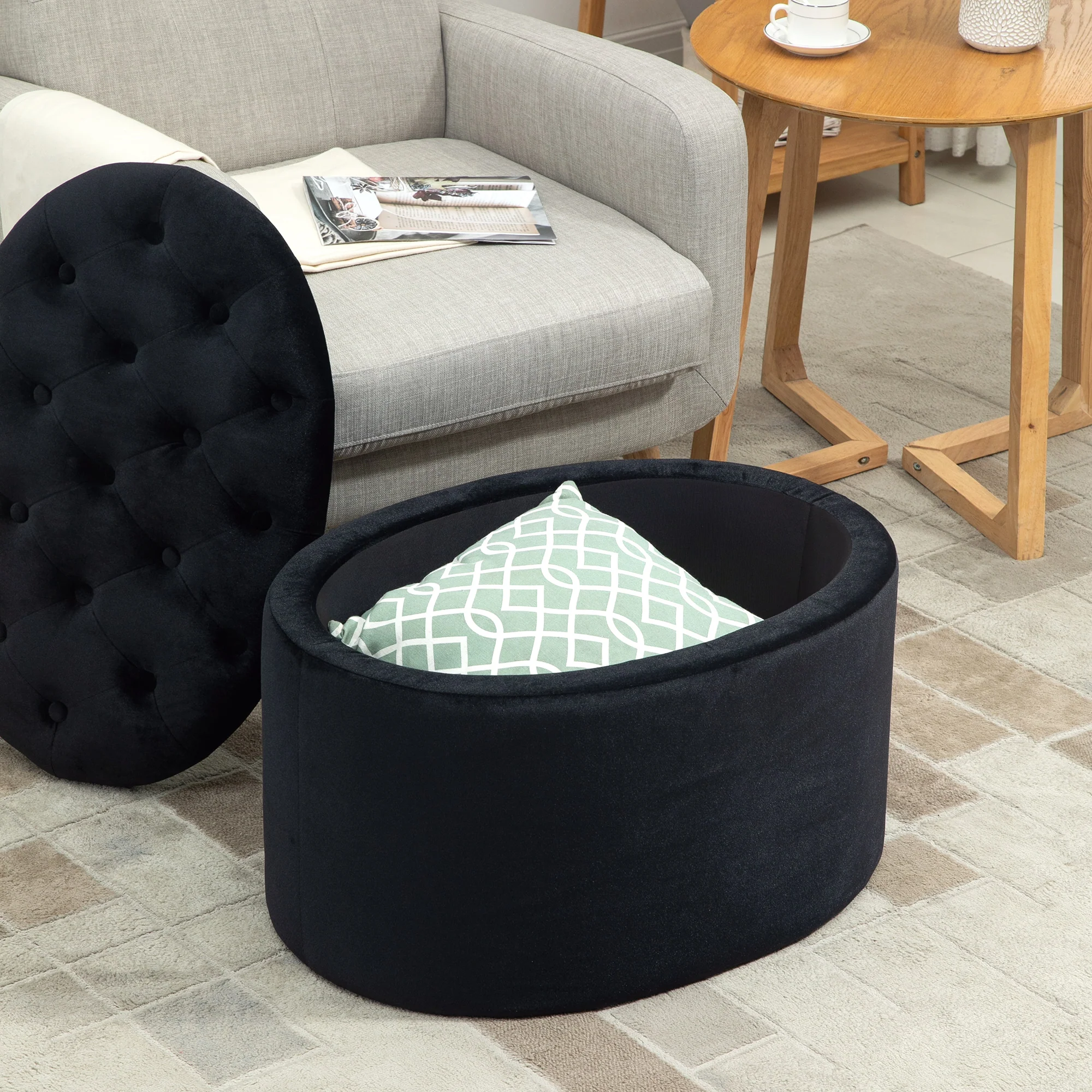 Banc coffre rangement, tabouret ovale, banc de rangement, pouf repose-pieds en tissu effet velours, pour la chambre à coucher, entrée, salon, 71 x 52 x 42 cm, noir - Image 10