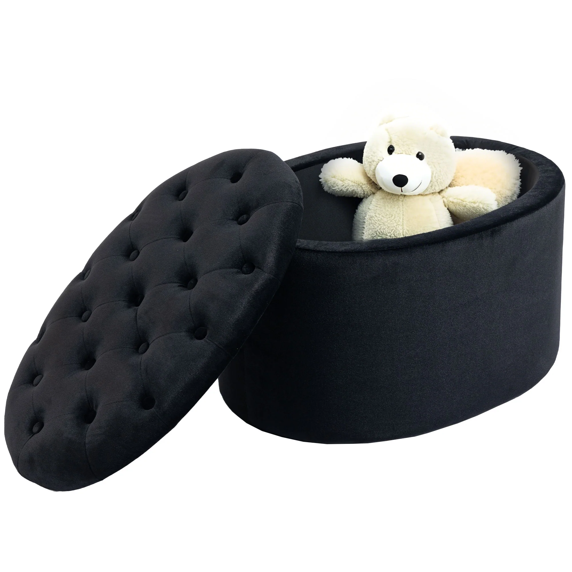 Banc coffre rangement, tabouret ovale, banc de rangement, pouf repose-pieds en tissu effet velours, pour la chambre à coucher, entrée, salon, 71 x 52 x 42 cm, noir - Image 11