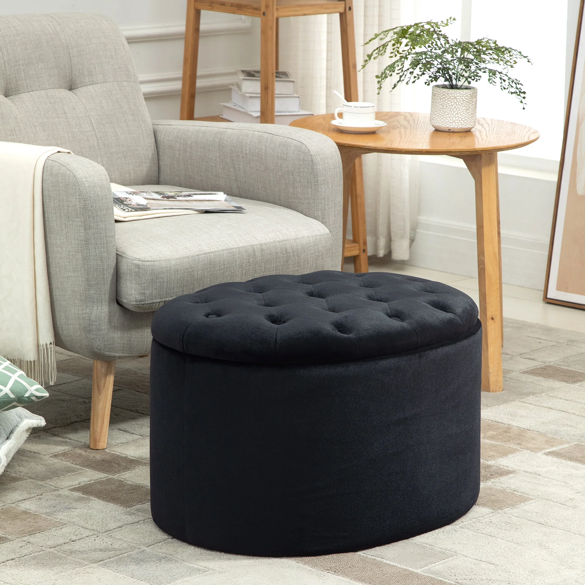 Banc coffre rangement, tabouret ovale, banc de rangement, pouf repose-pieds en tissu effet velours, pour la chambre à coucher, entrée, salon, 71 x 52 x 42 cm, noir - Image 3