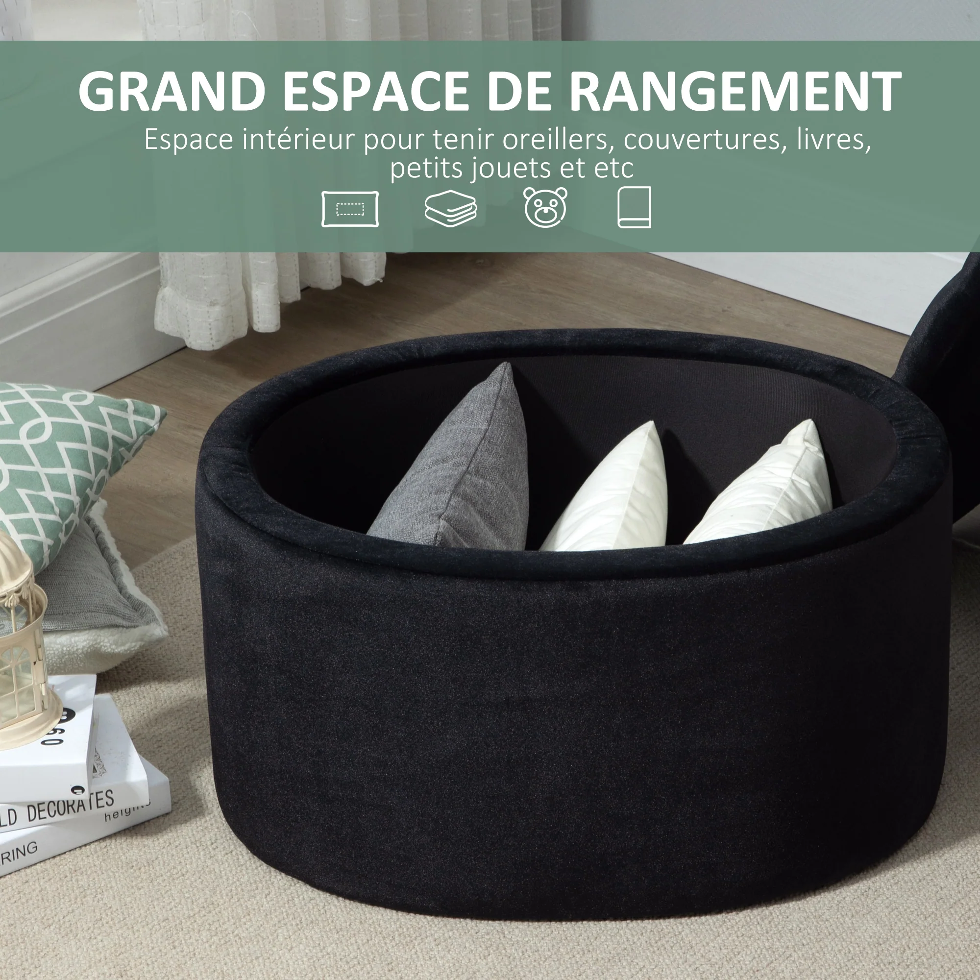Banc coffre rangement, tabouret ovale, banc de rangement, pouf repose-pieds en tissu effet velours, pour la chambre à coucher, entrée, salon, 71 x 52 x 42 cm, noir - Image 5