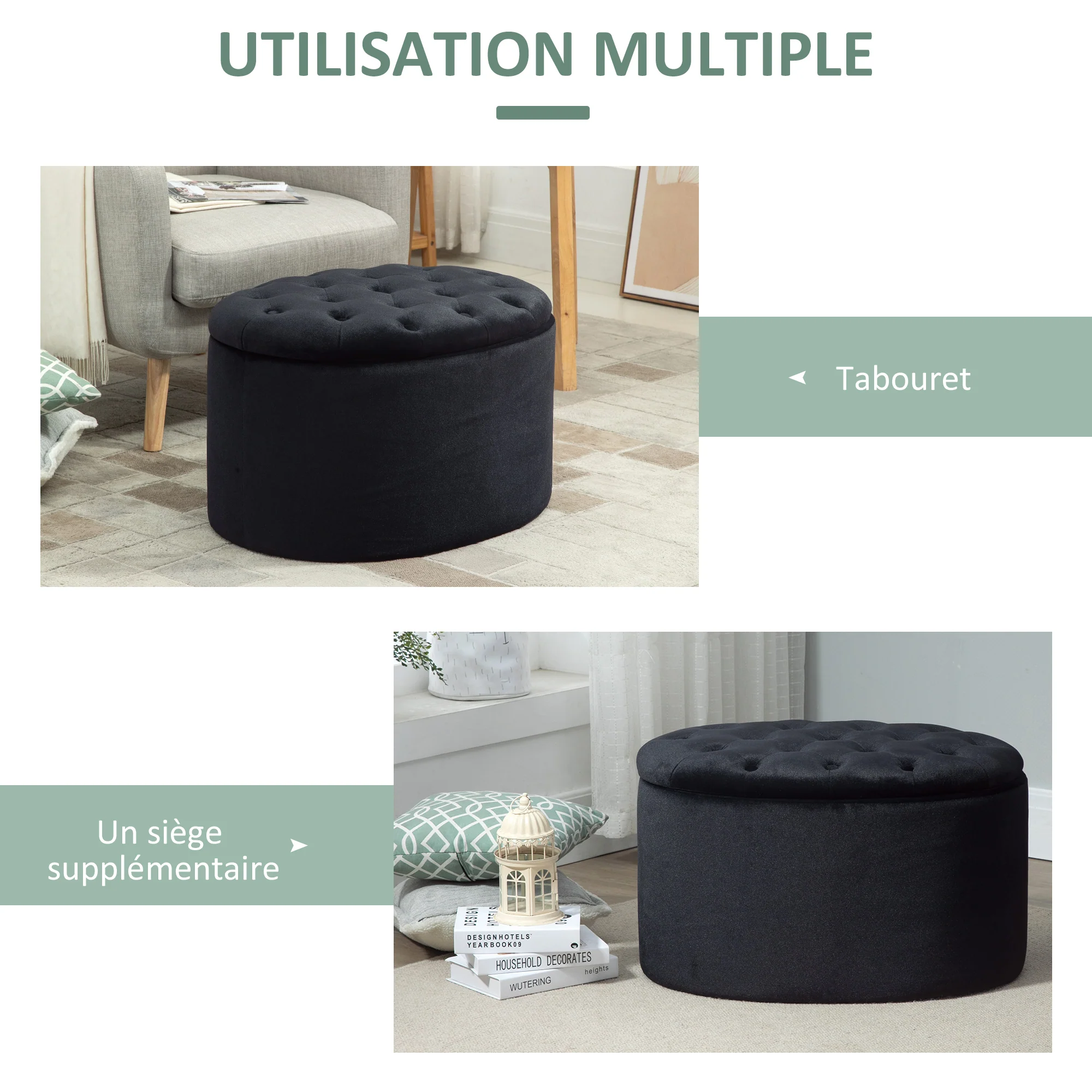 Banc coffre rangement, tabouret ovale, banc de rangement, pouf repose-pieds en tissu effet velours, pour la chambre à coucher, entrée, salon, 71 x 52 x 42 cm, noir - Image 6