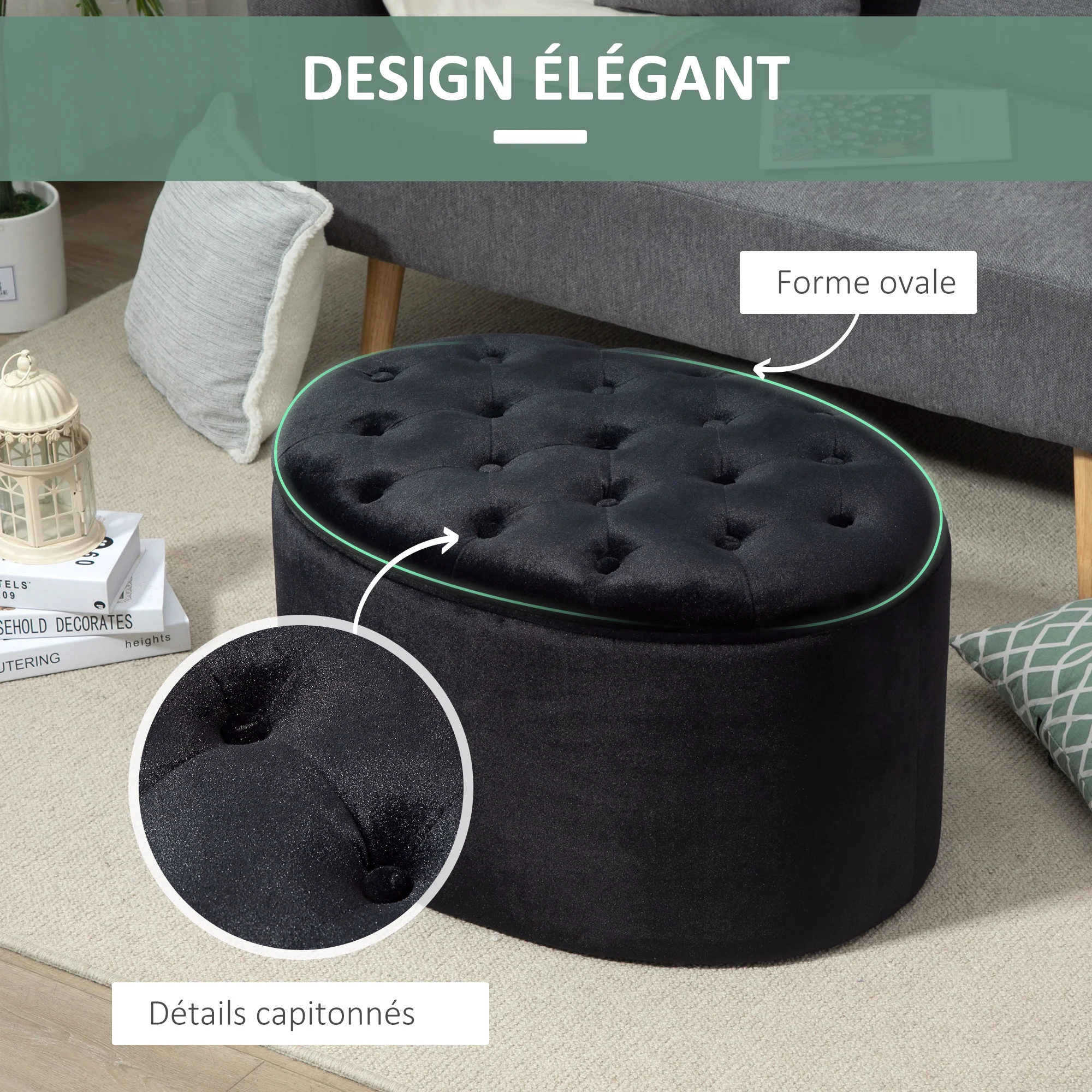 Banc coffre rangement, tabouret ovale, banc de rangement, pouf repose-pieds en tissu effet velours, pour la chambre à coucher, entrée, salon, 71 x 52 x 42 cm, noir - Image 7
