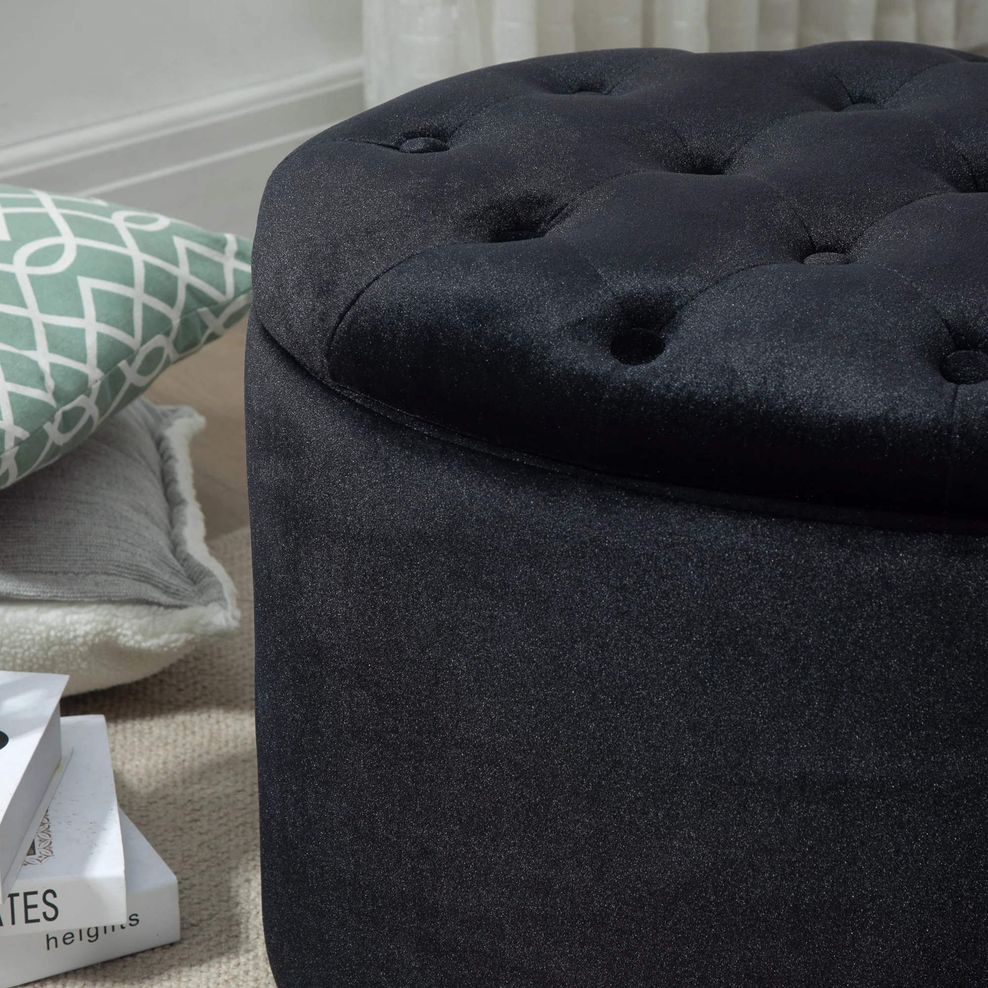 Banc coffre rangement, tabouret ovale, banc de rangement, pouf repose-pieds en tissu effet velours, pour la chambre à coucher, entrée, salon, 71 x 52 x 42 cm, noir - Image 8
