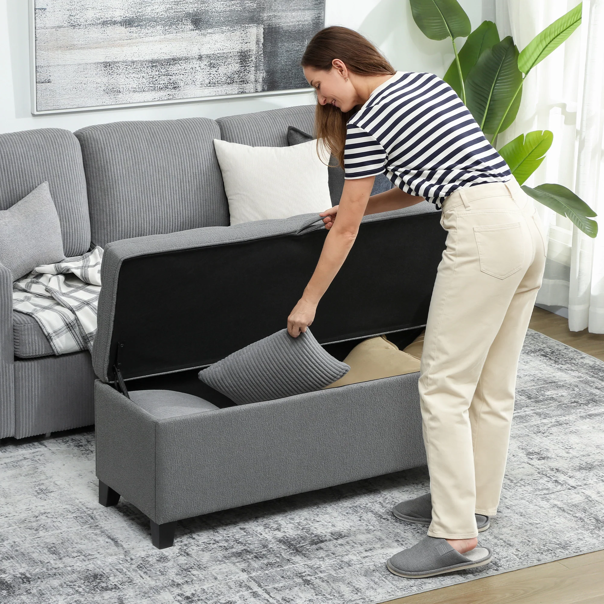 Banc de rangement 112L banquette bout de lit coffre de rangement avec siège capitonné, tissu de lin, pour salon, chambre, entrée, 120 x 40 x 48 cm, gris foncé - Image 10