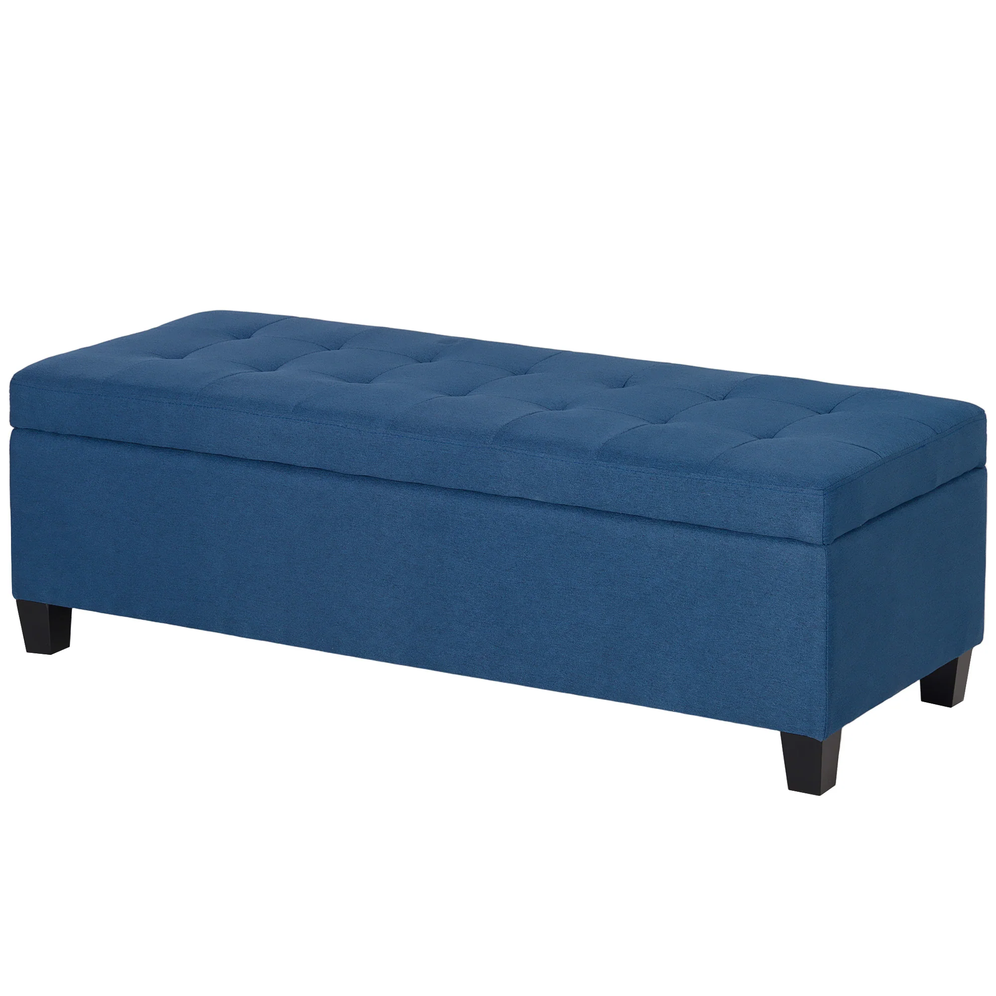Banc de rangement 94,5L banquette bout de lit coffre de rangement avec siège capitonné en tissu aspect lin et pieds en bois, pour salon, chambre, entrée, 125 x 49 x 41,5 cm, bleu