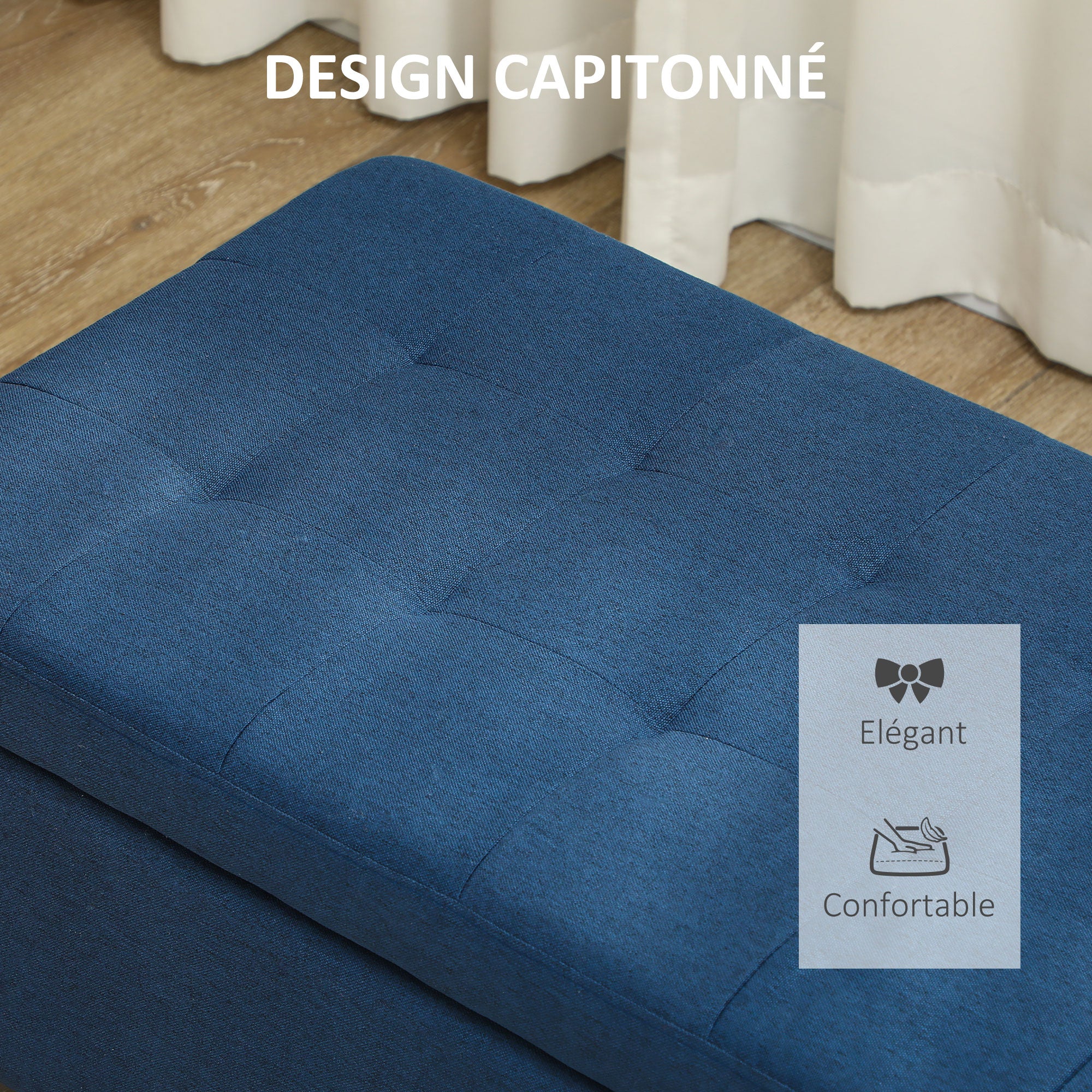 Banc de rangement 94,5L banquette bout de lit coffre de rangement avec siège capitonné en tissu aspect lin et pieds en bois, pour salon, chambre, entrée, 125 x 49 x 41,5 cm, bleu - Image 6