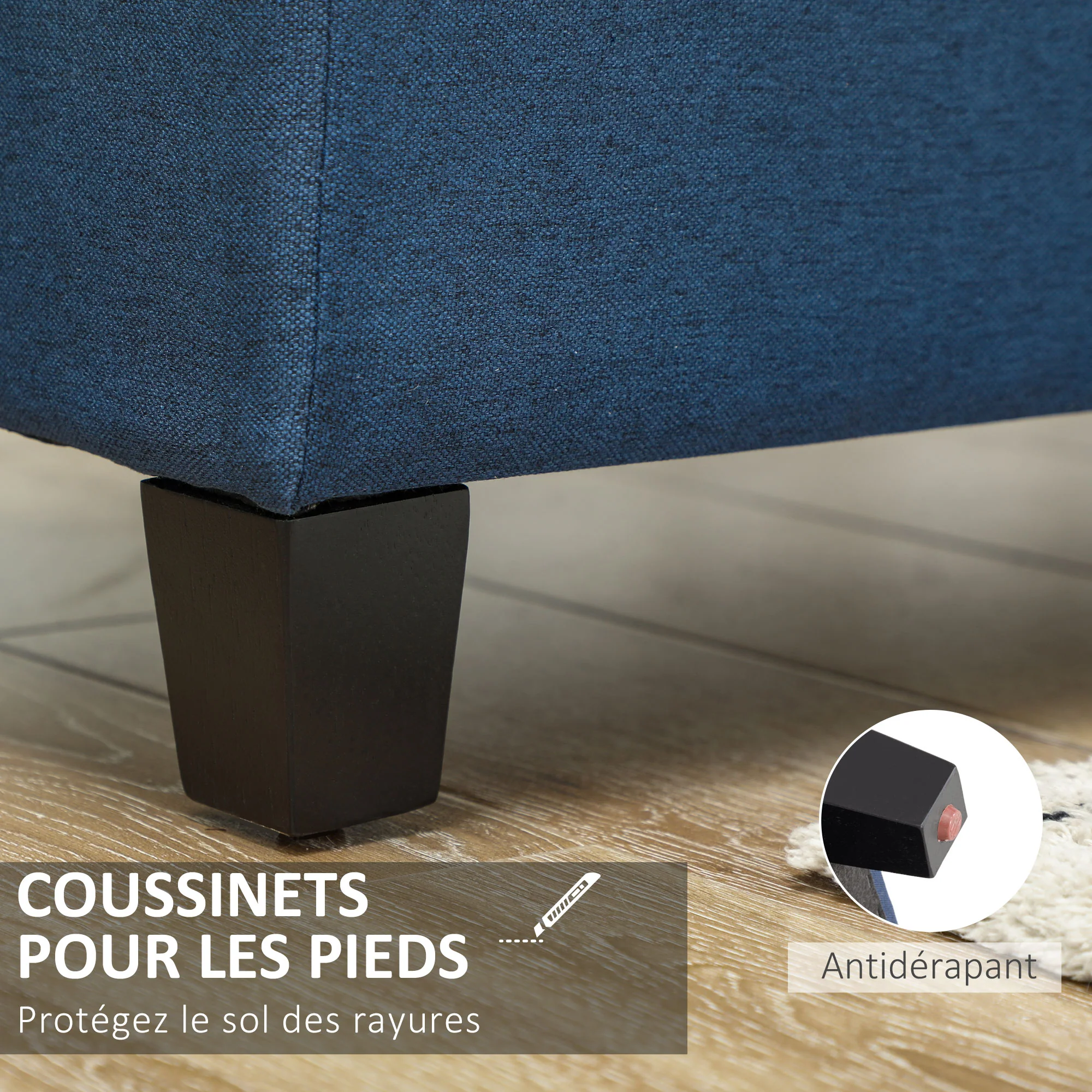 Banc de rangement 94,5L banquette bout de lit coffre de rangement avec siège capitonné en tissu aspect lin et pieds en bois, pour salon, chambre, entrée, 125 x 49 x 41,5 cm, bleu - Image 8