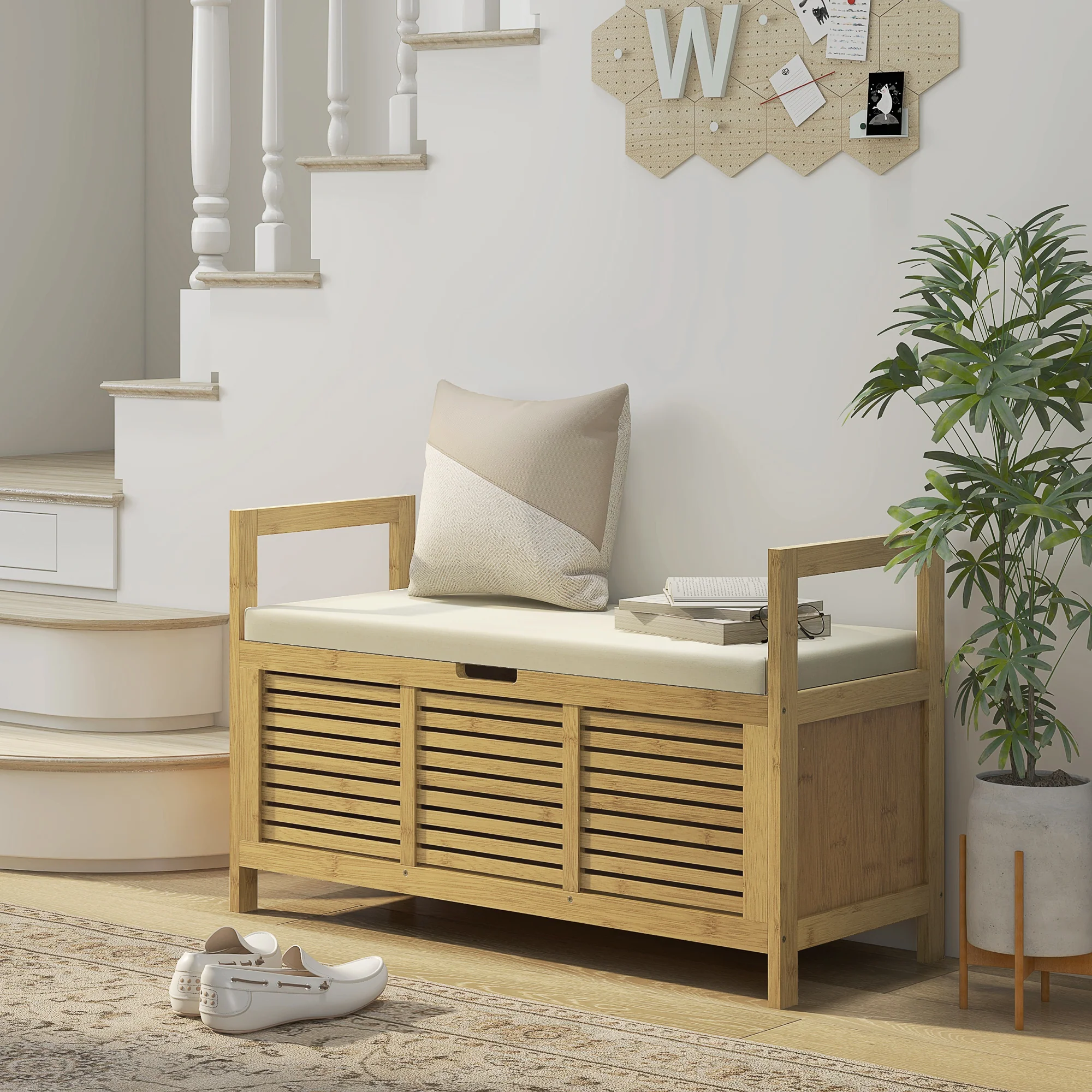 Banc de rangement Banc à Chaussures avec coussin d'assise, coffre de rangement caché sous l'assise, avec accoudoir, bambou, pour salon, entrée, chambre, 100 x 40 x 60 cm, naturel - Image 3
