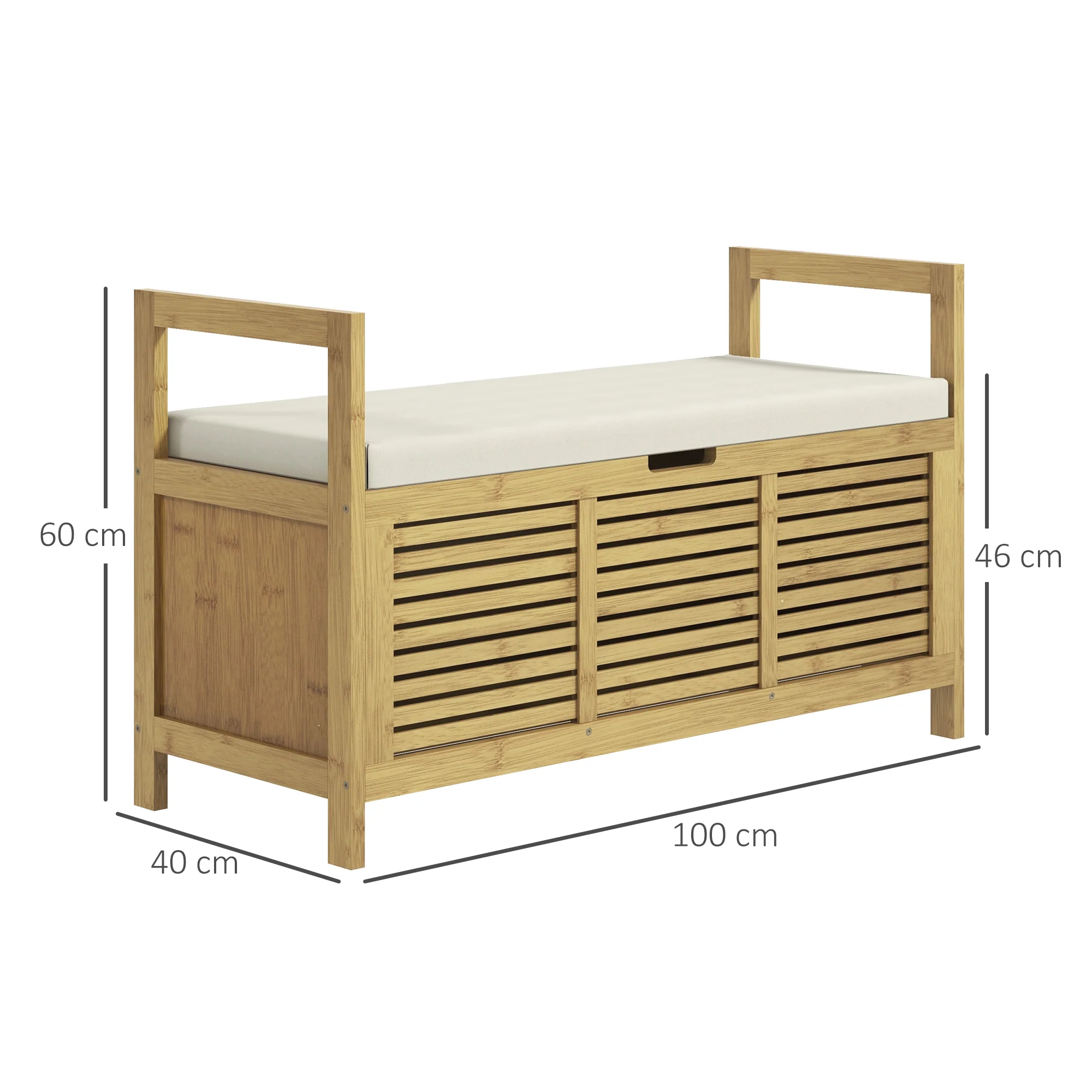 Banc de rangement Banc à Chaussures avec coussin d'assise, coffre de rangement caché sous l'assise, avec accoudoir, bambou, pour salon, entrée, chambre, 100 x 40 x 60 cm, naturel - Image 4