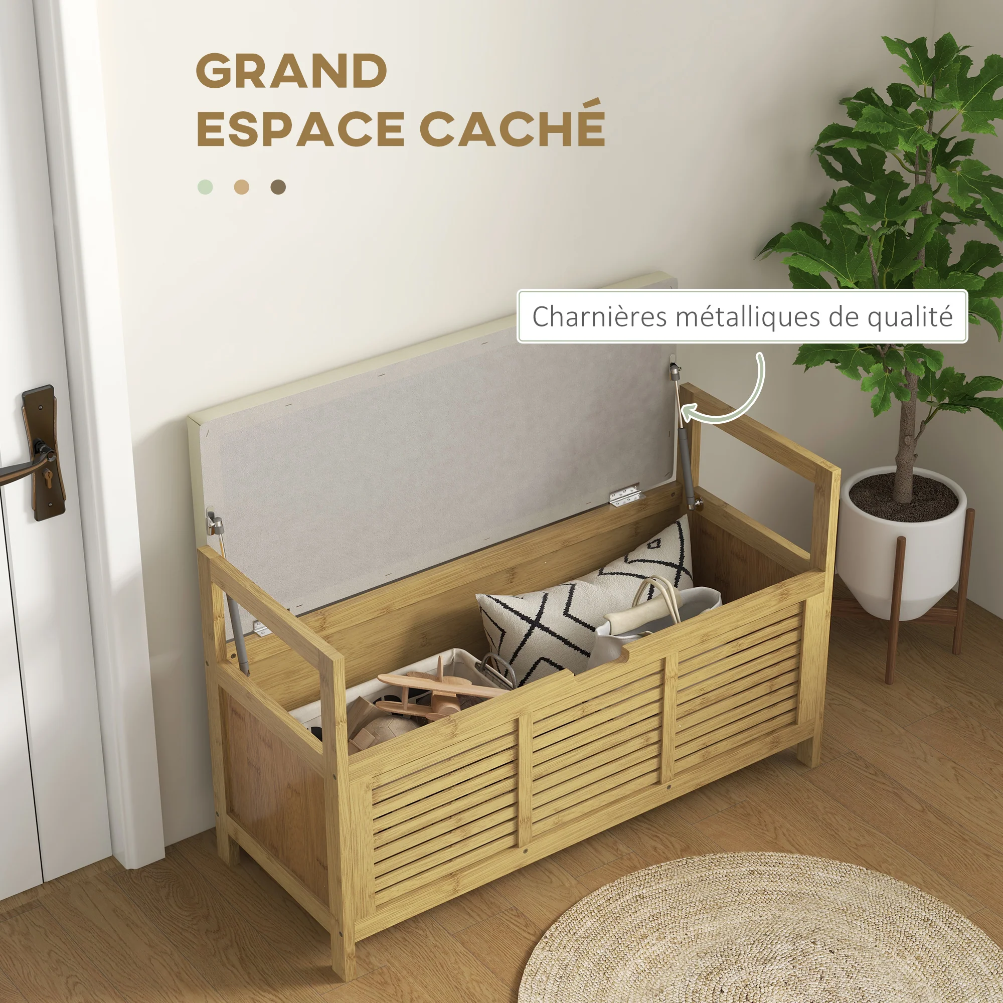 Banc de rangement Banc à Chaussures avec coussin d'assise, coffre de rangement caché sous l'assise, avec accoudoir, bambou, pour salon, entrée, chambre, 100 x 40 x 60 cm, naturel - Image 5