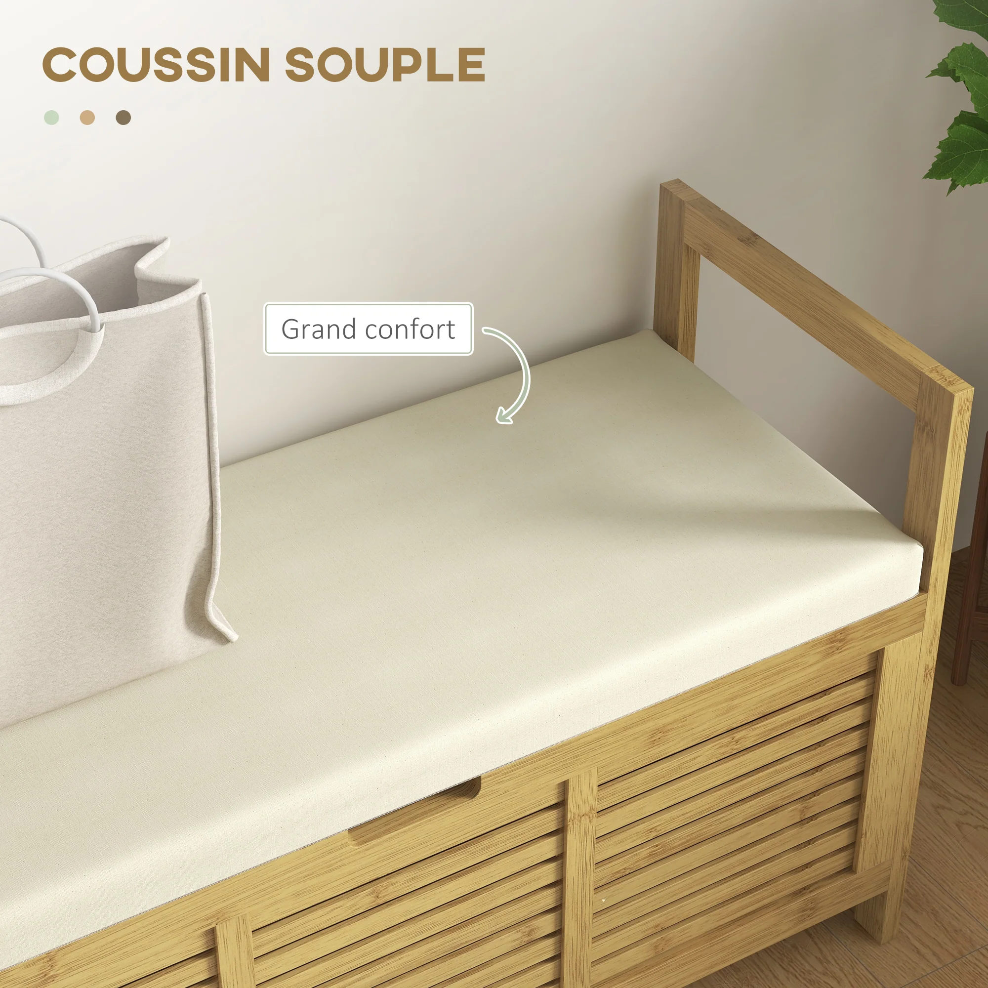 Banc de rangement Banc à Chaussures avec coussin d'assise, coffre de rangement caché sous l'assise, avec accoudoir, bambou, pour salon, entrée, chambre, 100 x 40 x 60 cm, naturel - Image 6