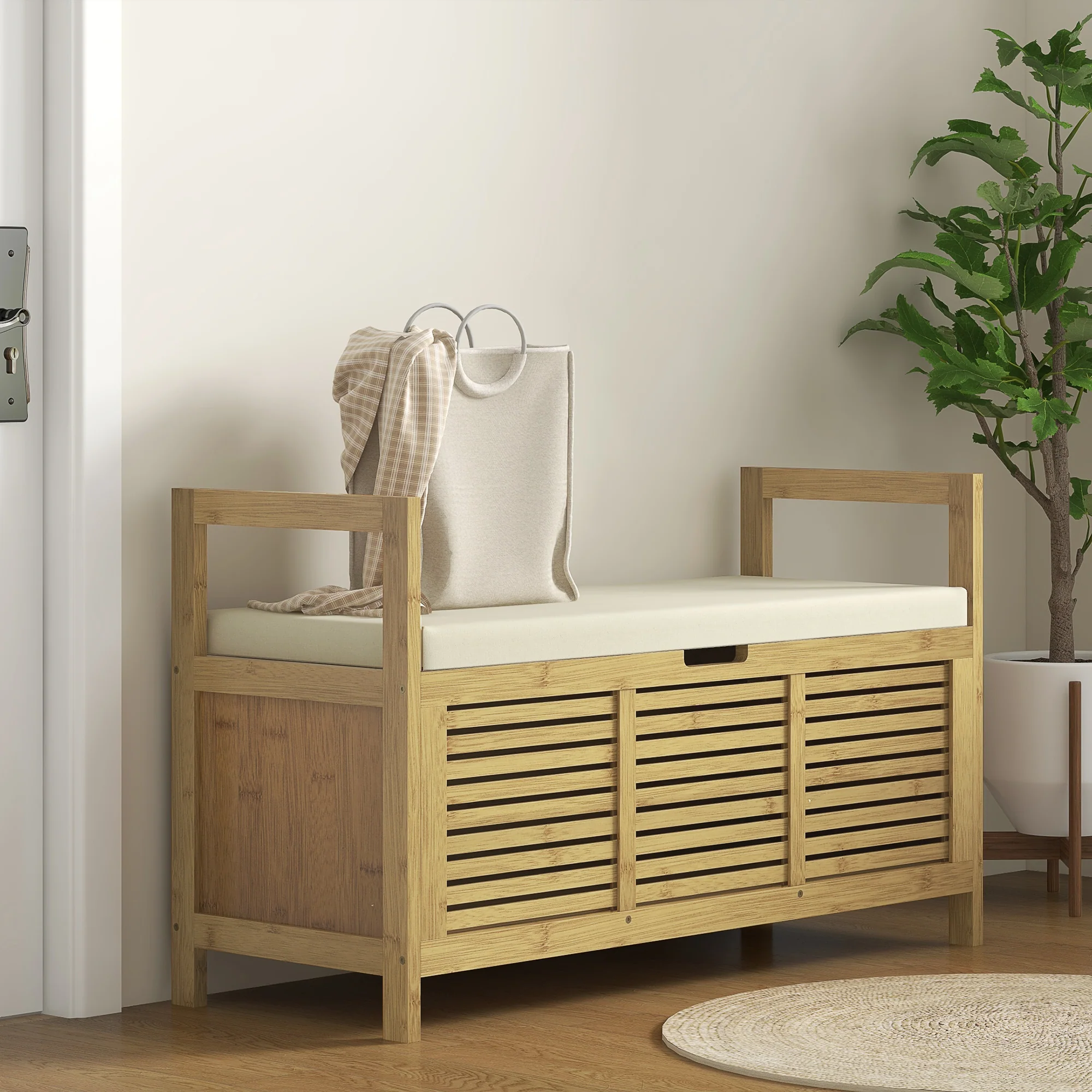 Banc de rangement Banc à Chaussures avec coussin d'assise, coffre de rangement caché sous l'assise, avec accoudoir, bambou, pour salon, entrée, chambre, 100 x 40 x 60 cm, naturel - Image 8