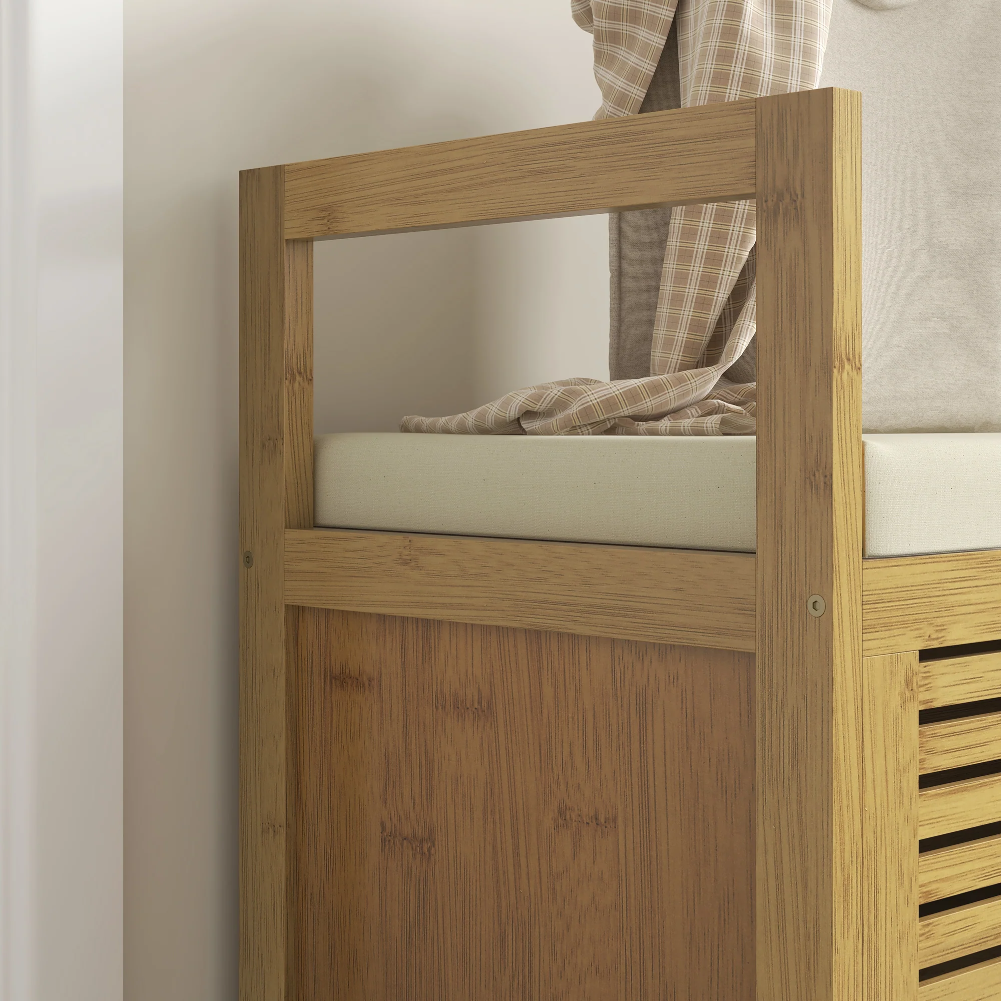 Banc de rangement Banc à Chaussures avec coussin d'assise, coffre de rangement caché sous l'assise, avec accoudoir, bambou, pour salon, entrée, chambre, 100 x 40 x 60 cm, naturel - Image 9